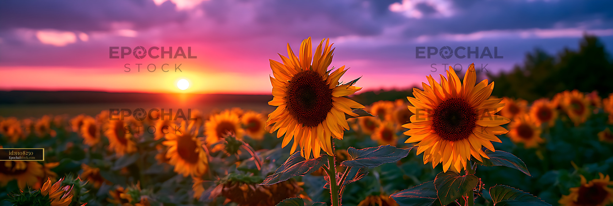 Watermarked full-resolution preview of Two sunflowers in a colorful sunset field