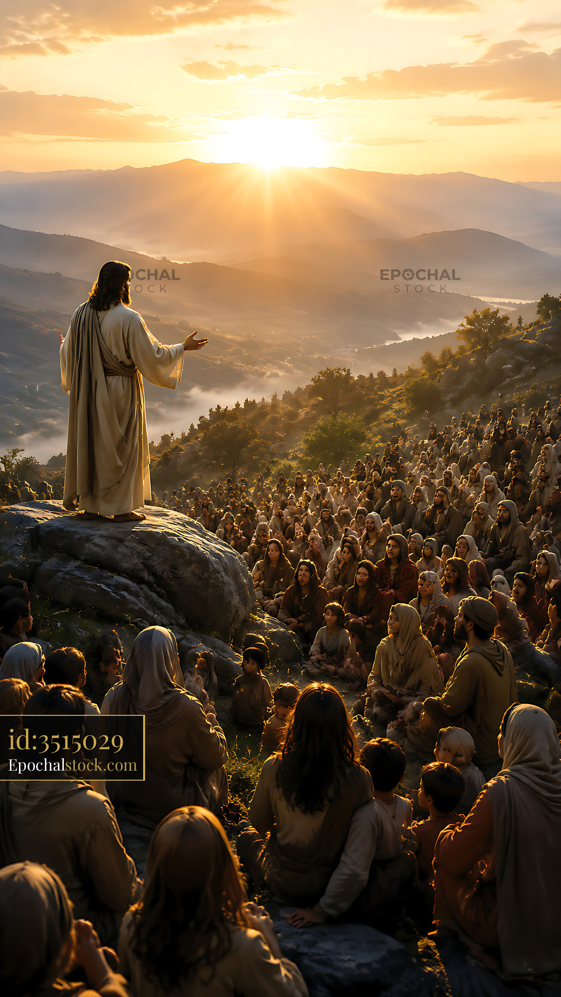 Watermarked full-resolution preview of Man speaking to a crowd at sunset on a mountain