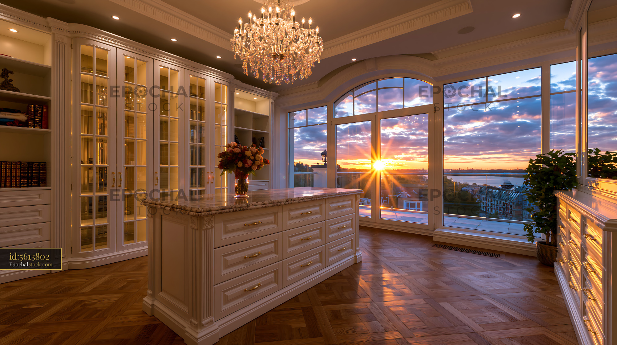 Watermarked full-resolution preview of Modern interior with sunset view from large windows
