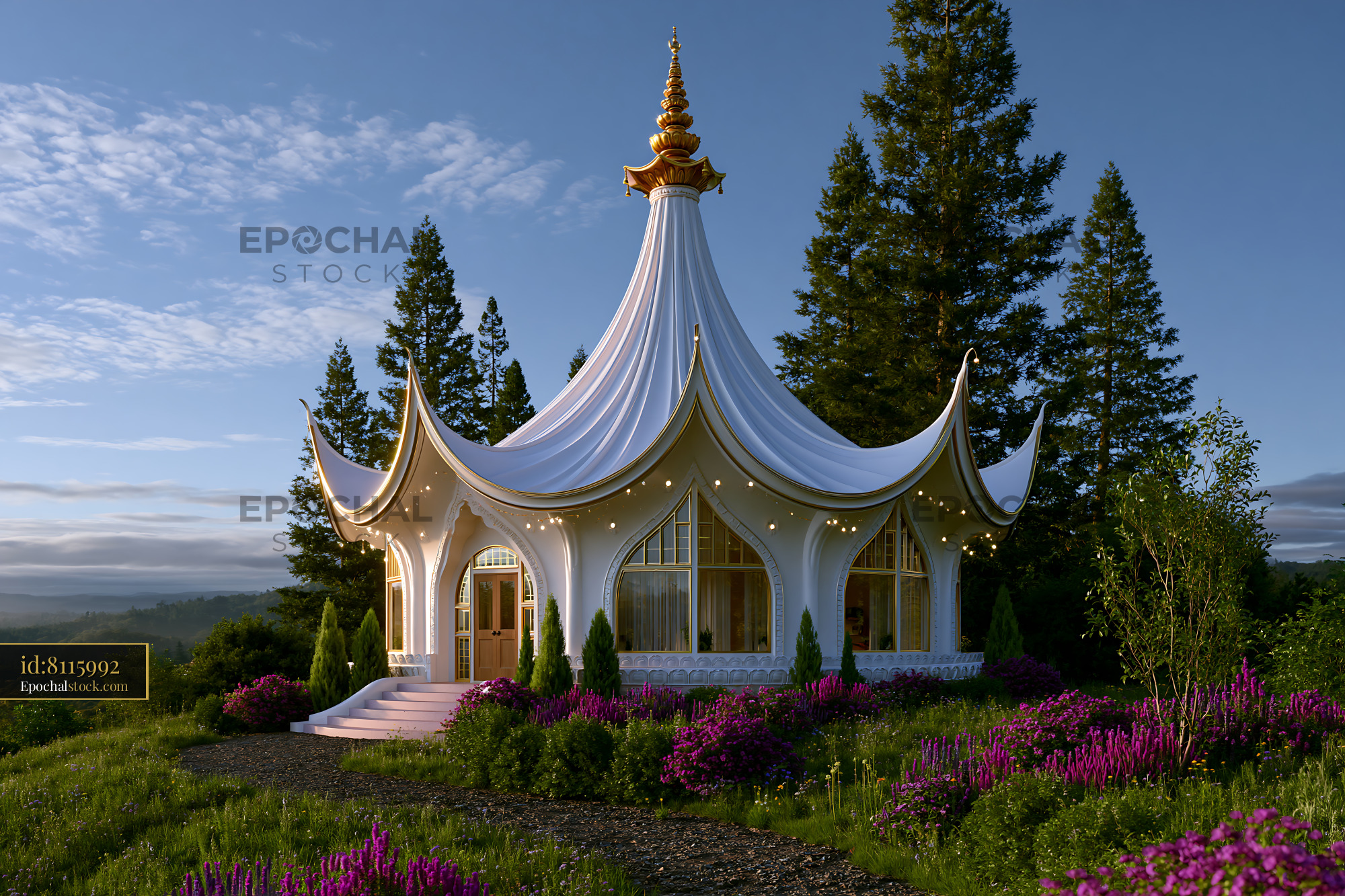 Watermarked full-resolution preview of Garden structure with unique architecture surrounded by trees