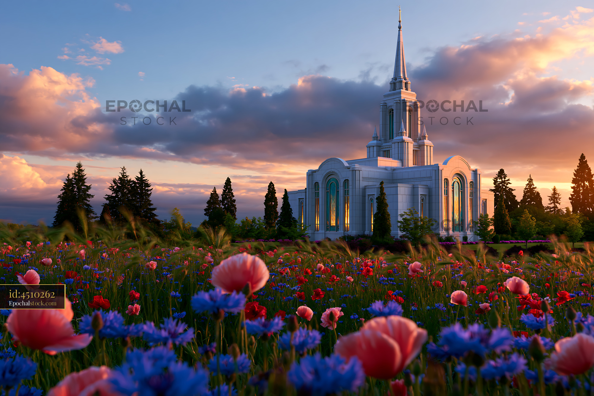 Watermarked full-resolution preview of Flowers surround a temple at sunset near a forest