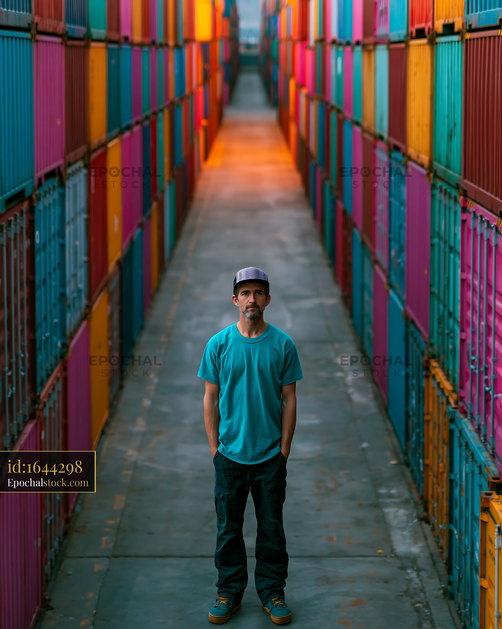 Watermarked full-resolution preview of Man standing between colorful shipping containers in urban area