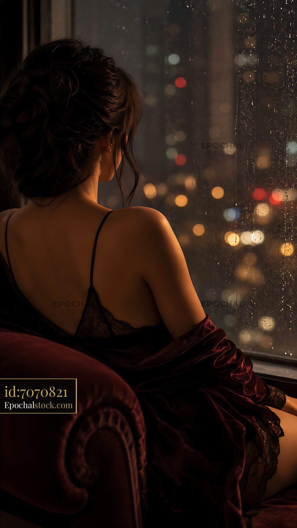 Woman Sitting by Window Looking at City Lights on Rainy Night - stock photo
