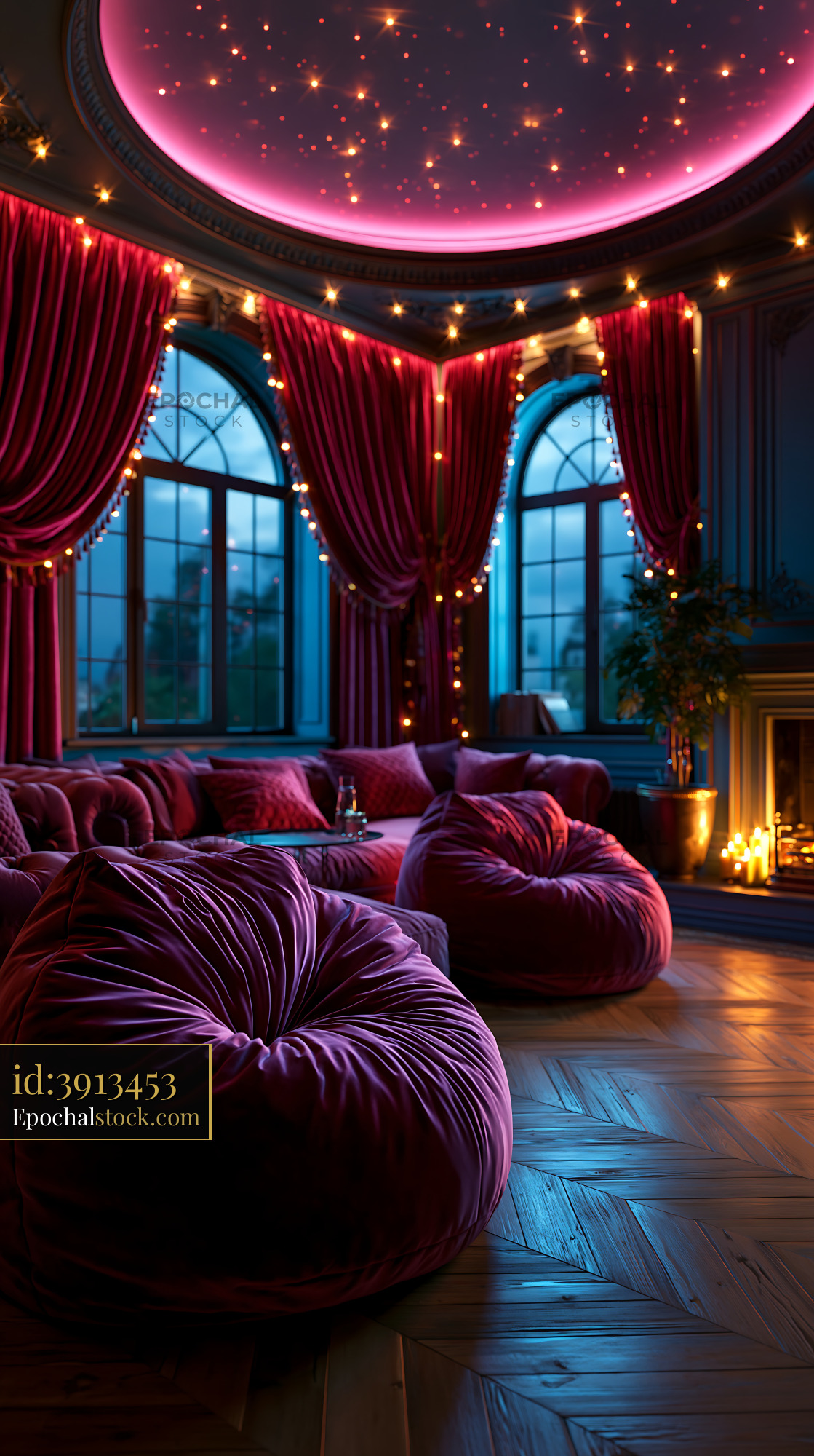 Watermarked full-resolution preview of Cozy living room with bean bags and warm lighting at dusk