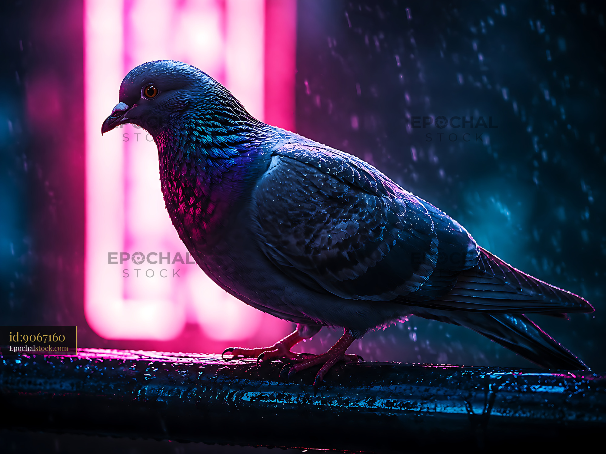 Bird Standing on a Railing During Rain With Neon Lights in Background - stock photo