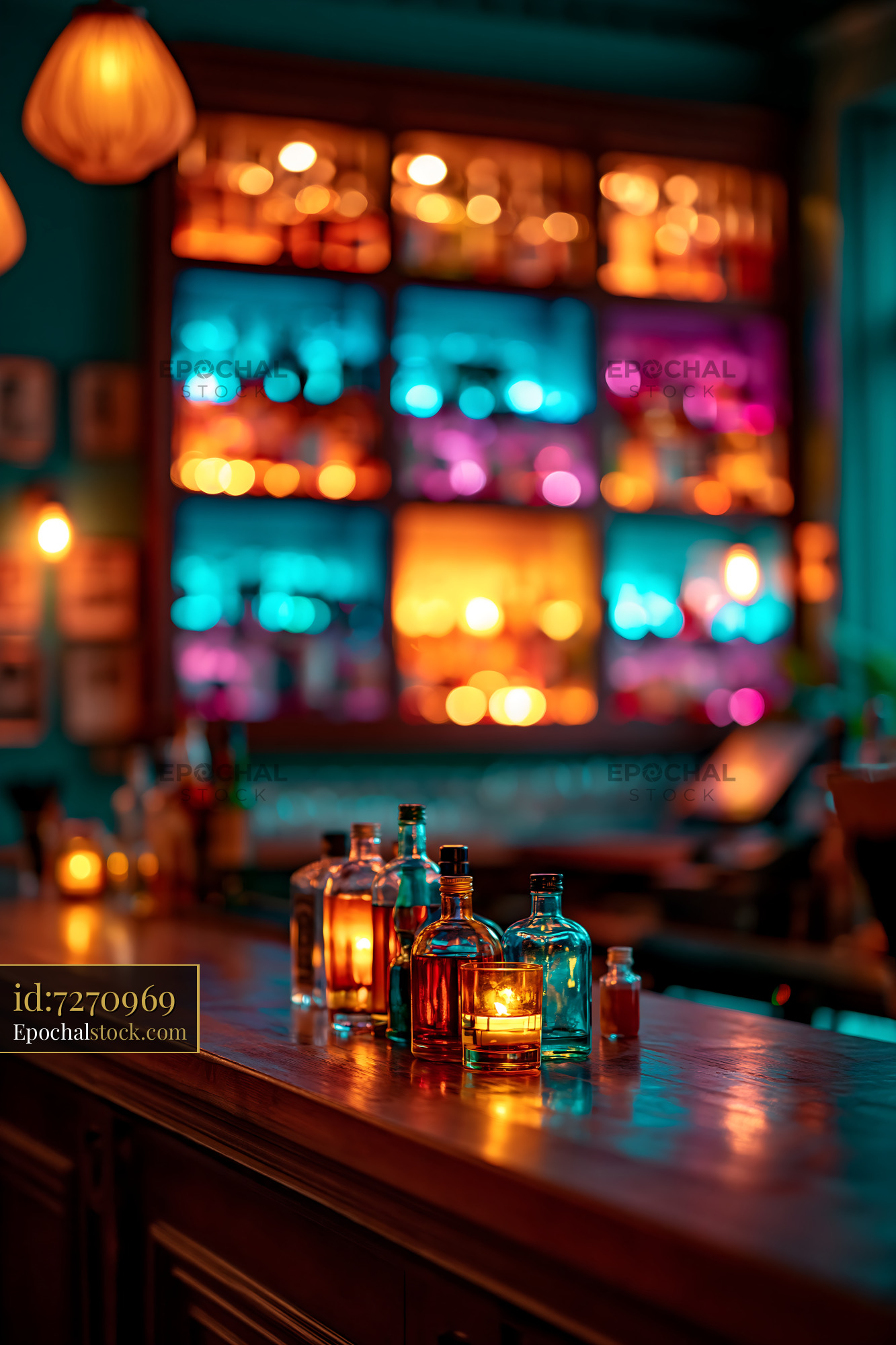 Watermarked full-resolution preview of Vibrant bar with colorful bottles on the countertop