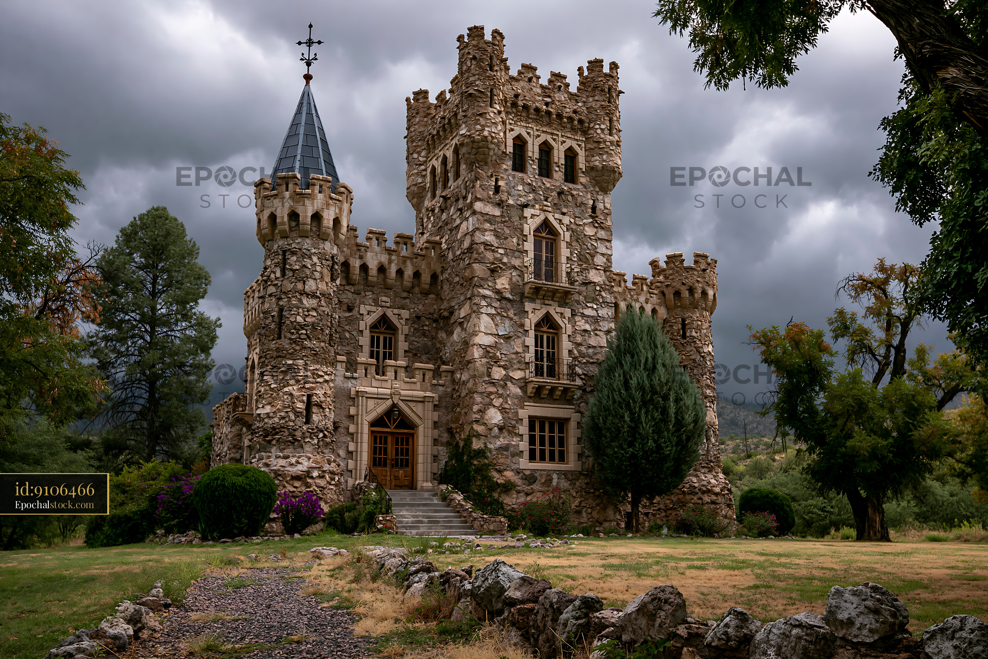 Watermarked full-resolution preview of Historic stone castle under cloudy sky