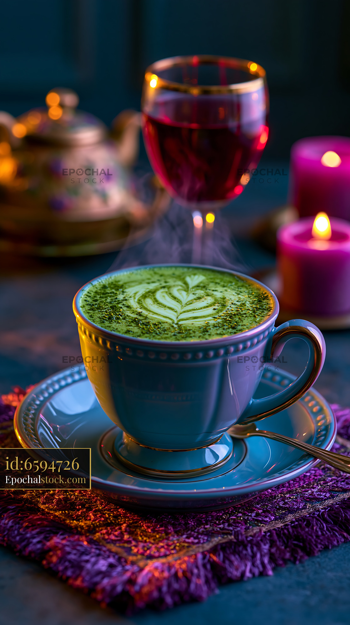 Watermarked full-resolution preview of Green tea latte with leaf design and decorative setting