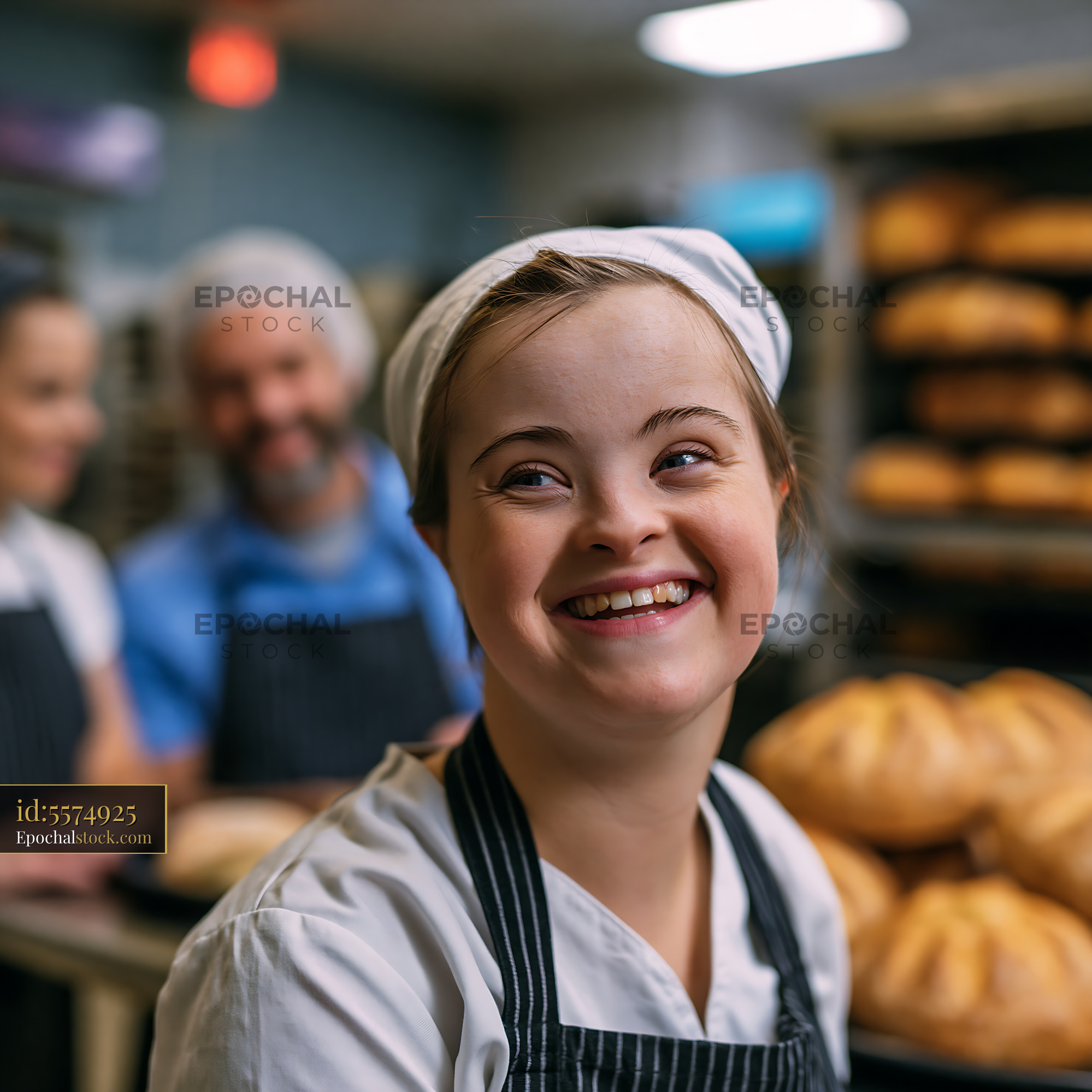 Watermarked full-resolution preview of Smiling baker in a busy bakery with fresh bread in the background