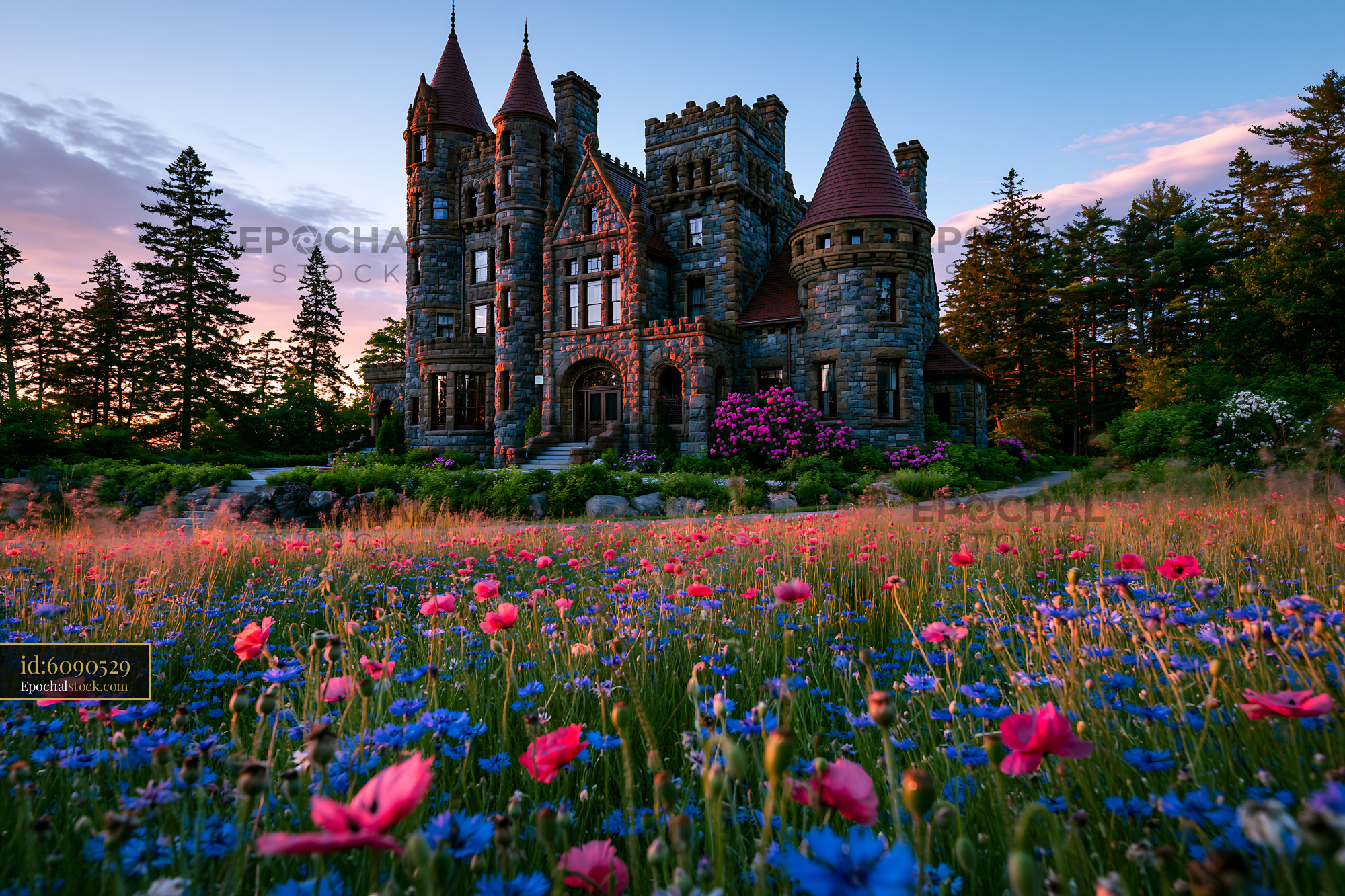 Watermarked full-resolution preview of Historic castle surrounded by flowers at sunset