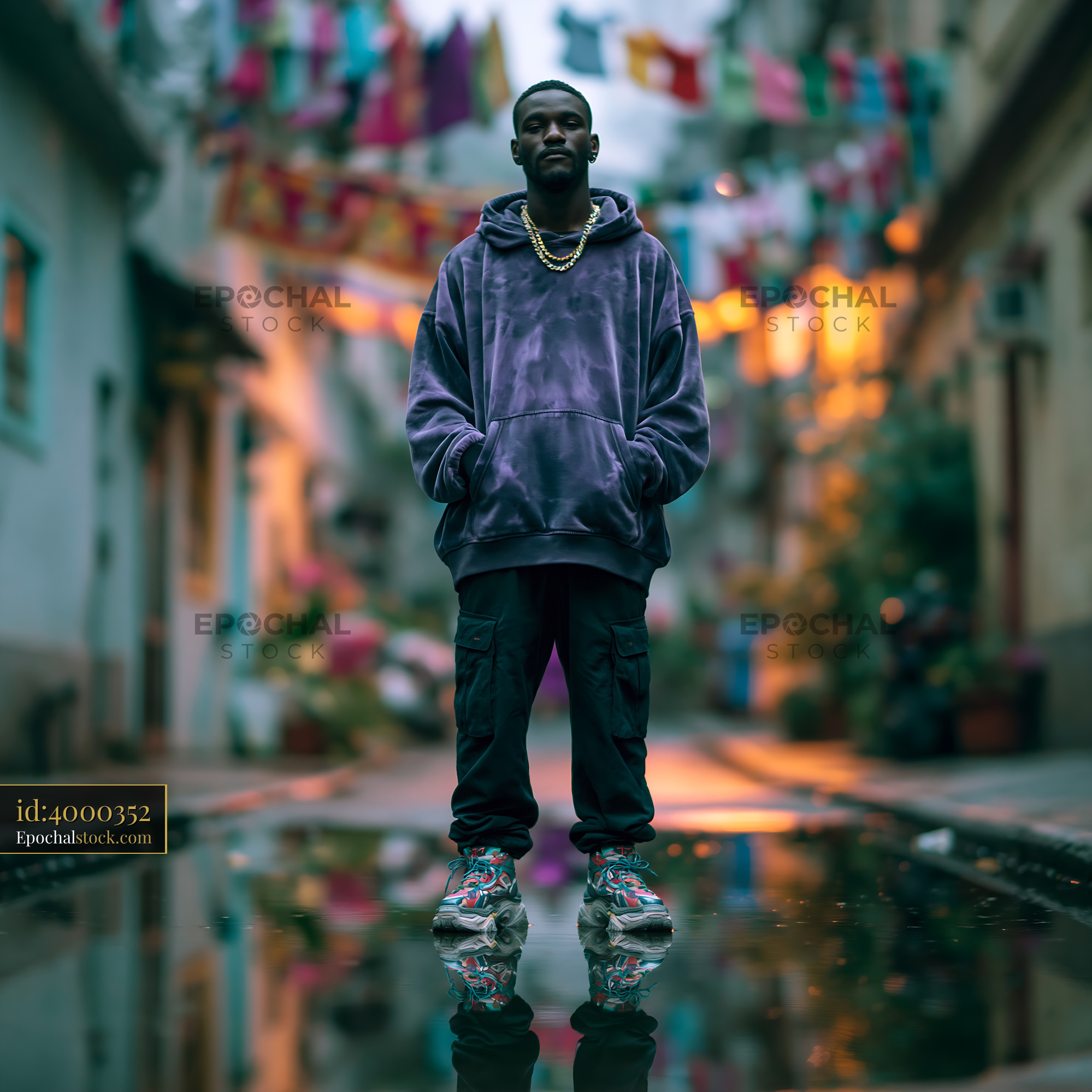 Watermarked full-resolution preview of Person standing in urban setting with colorful decorations around