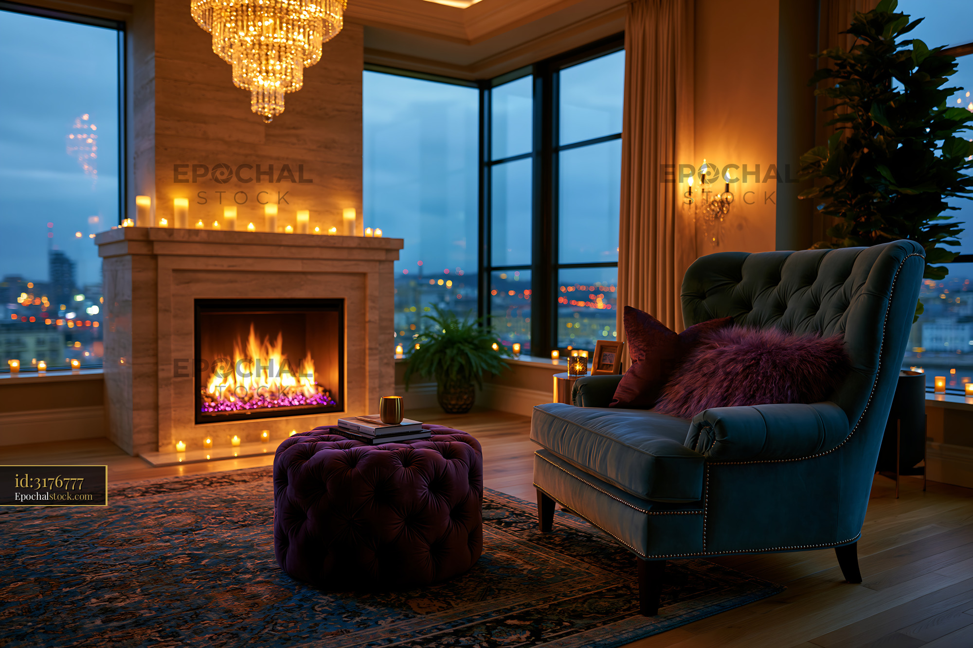 Watermarked full-resolution preview of Cozy living room with a fireplace and warm lighting