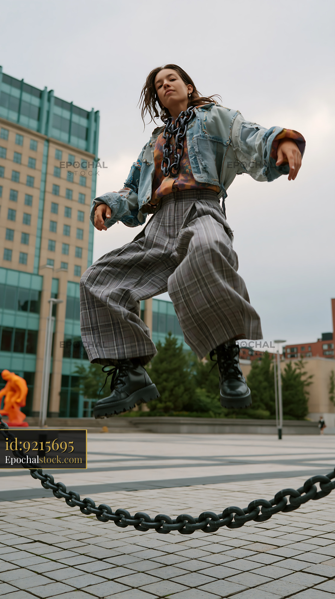 Watermarked full-resolution preview of Woman jumping above a chain in urban environment