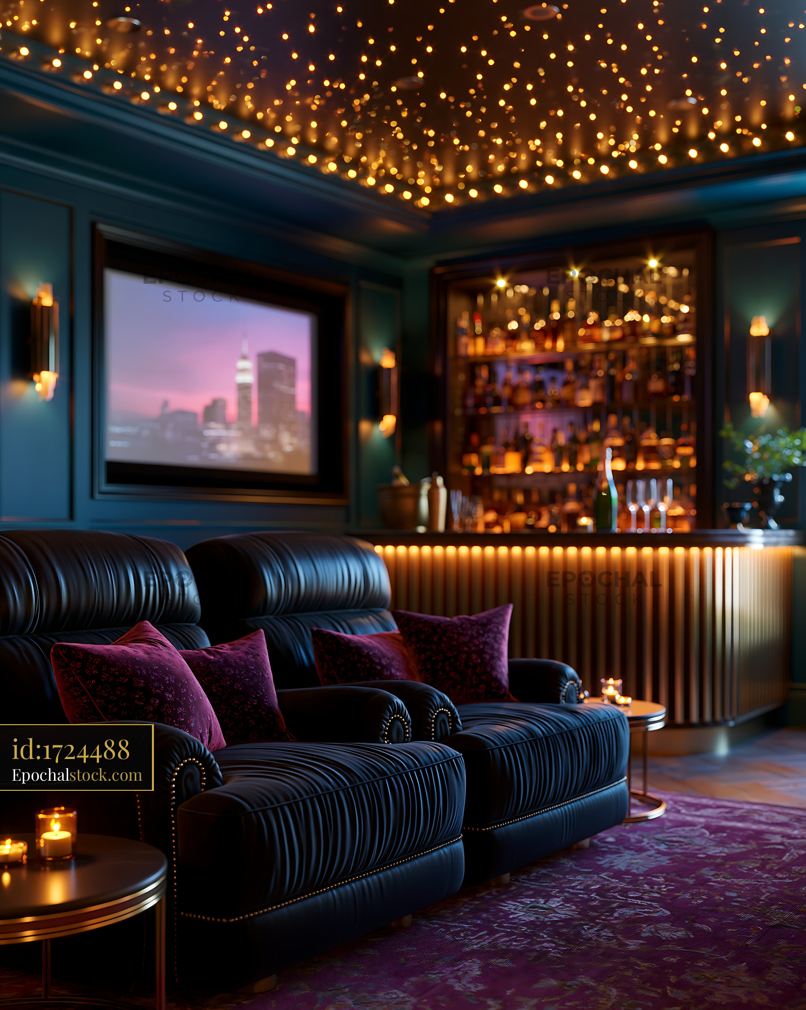 Watermarked full-resolution preview of Cozy lounge with decorative lights and a city view
