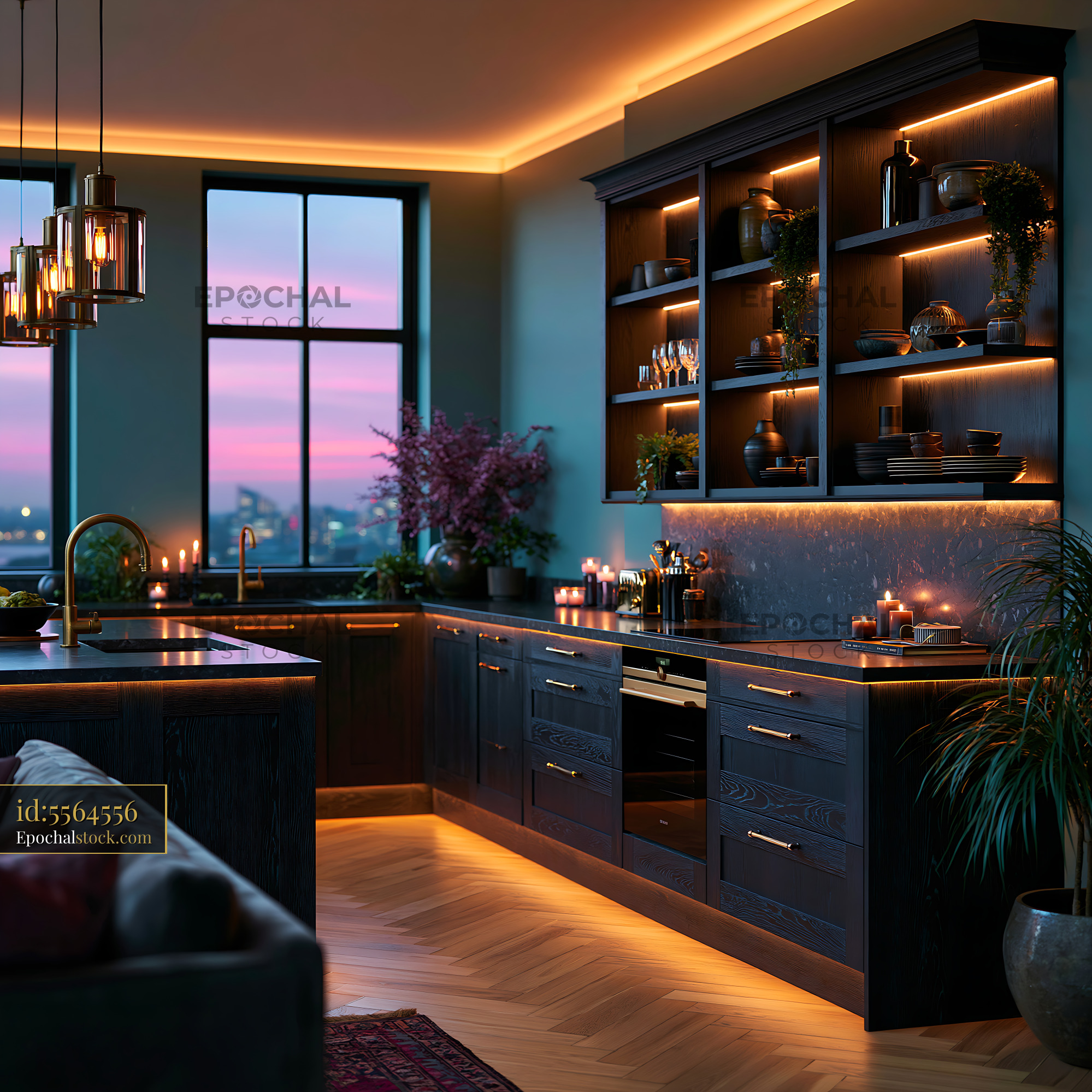 Watermarked full-resolution preview of Modern kitchen with warm lighting and evening view