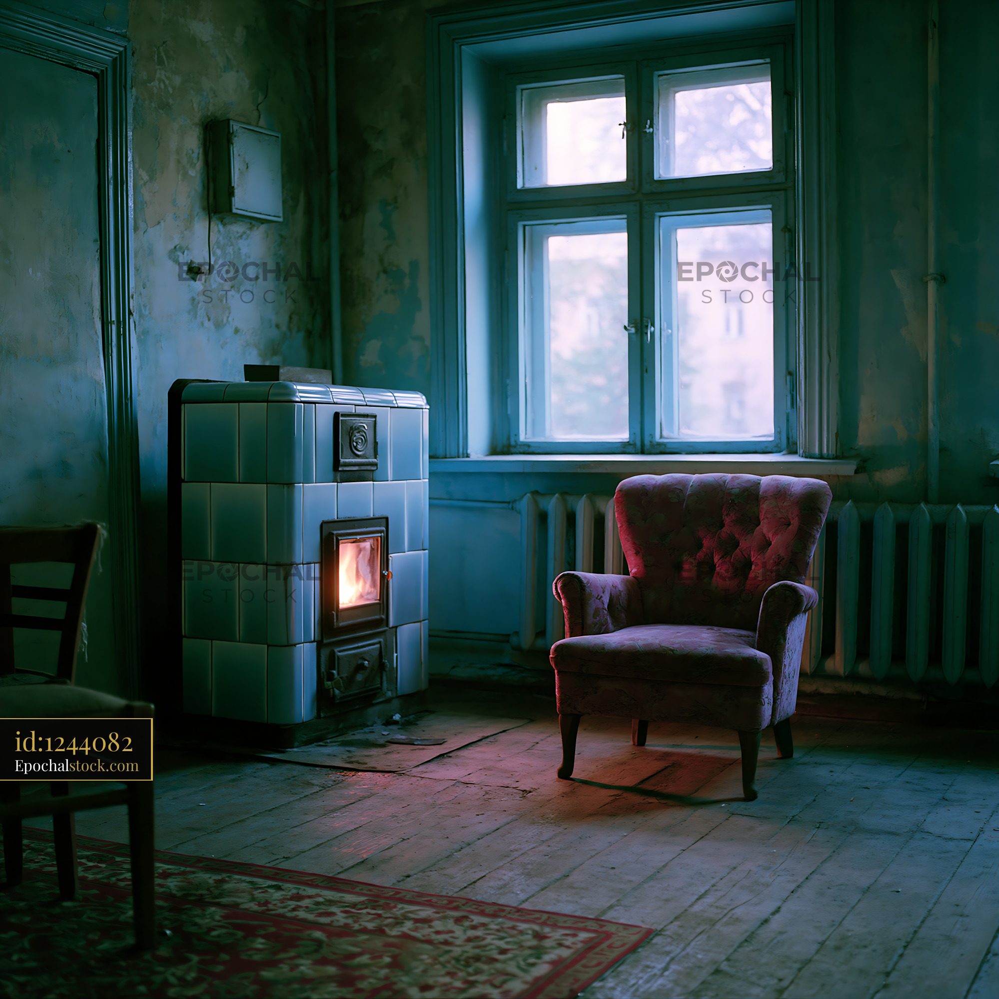 Watermarked full-resolution preview of Cozy room with a vintage chair and a stove near a window