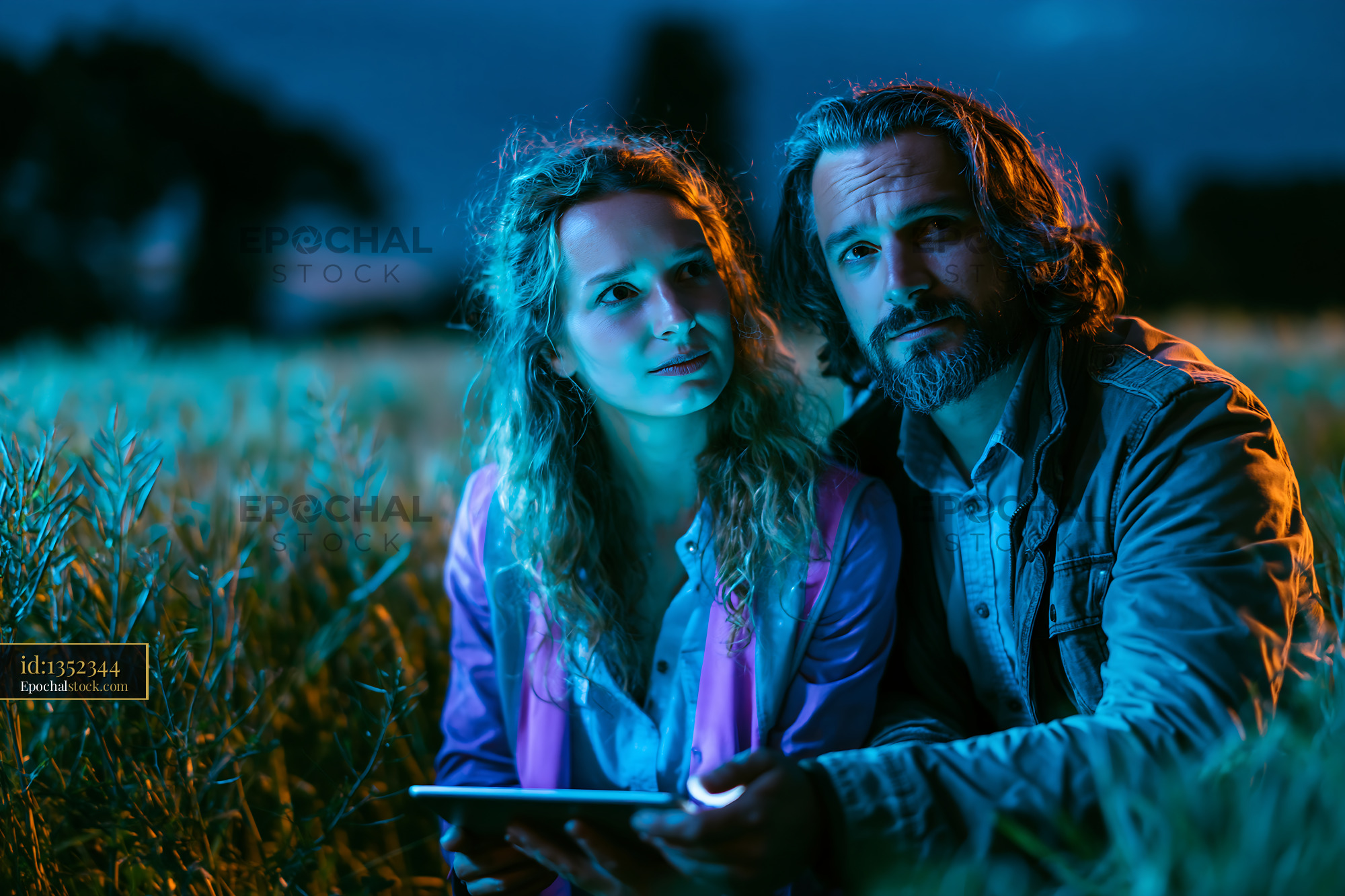 Watermarked full-resolution preview of Couple sitting together in a field at dusk looking at a tablet