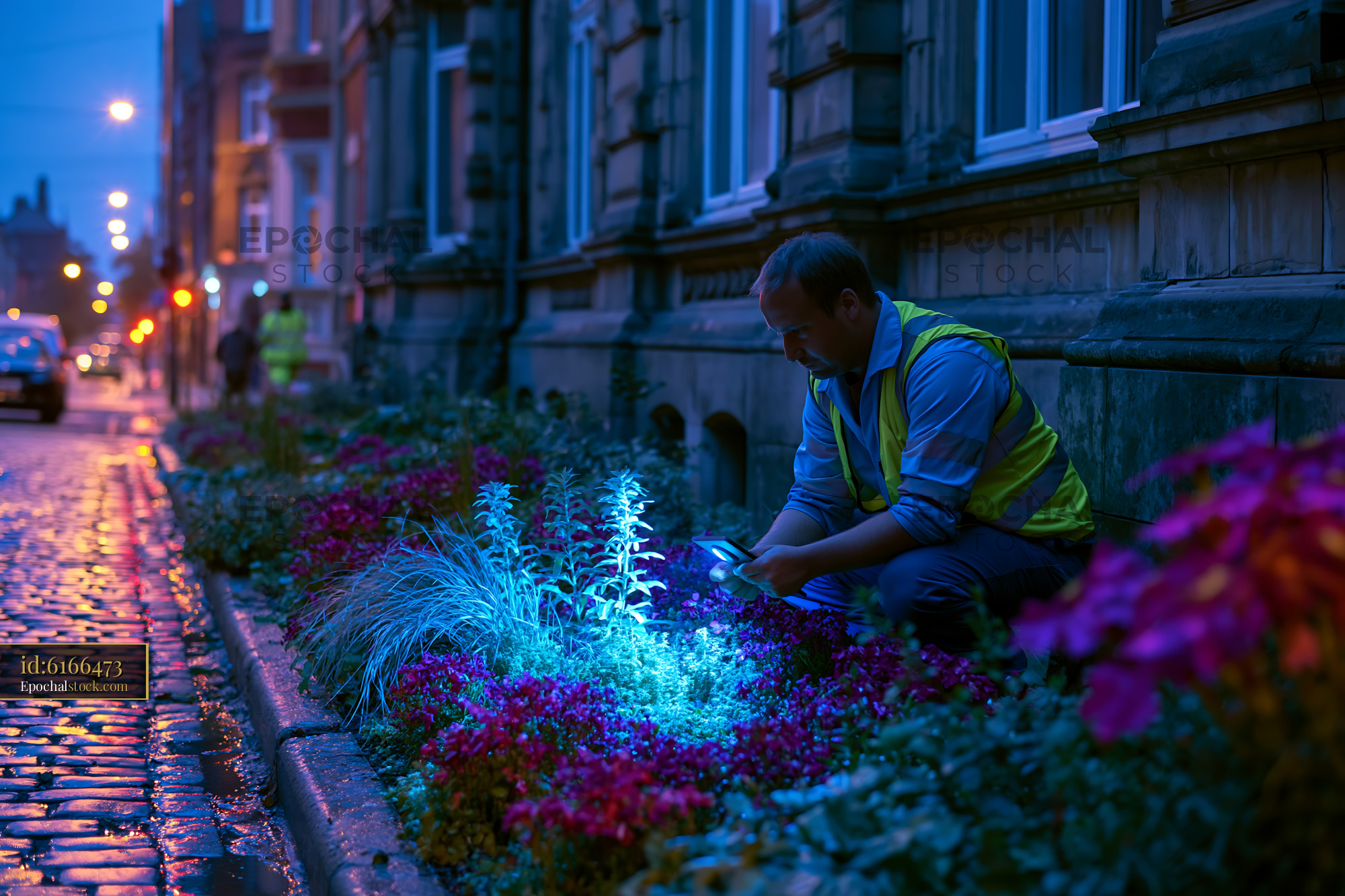 Watermarked full-resolution preview of Gardener working late at night in colorful flower beds