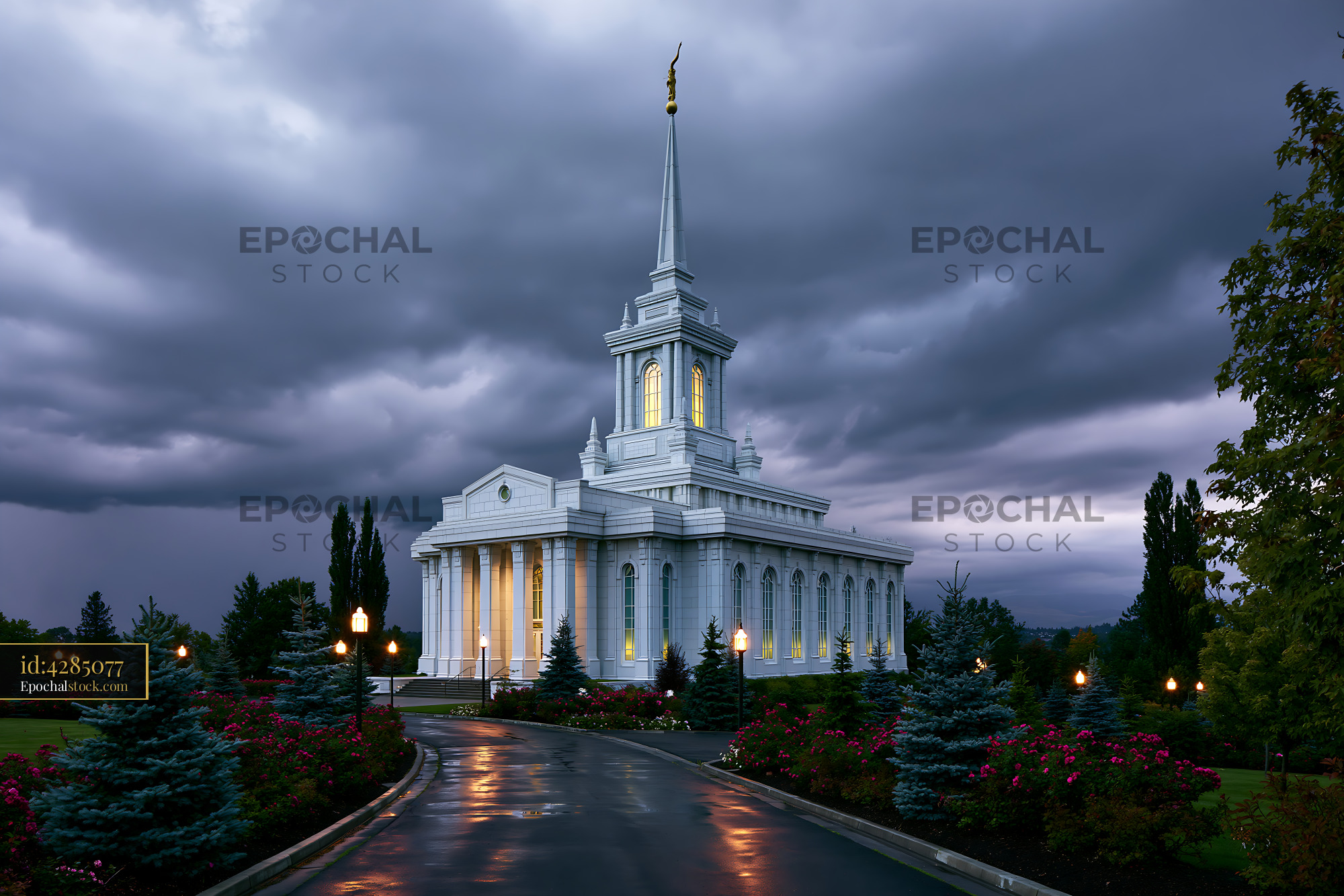 Watermarked full-resolution preview of Church building with a tall spire seen under a cloudy sky