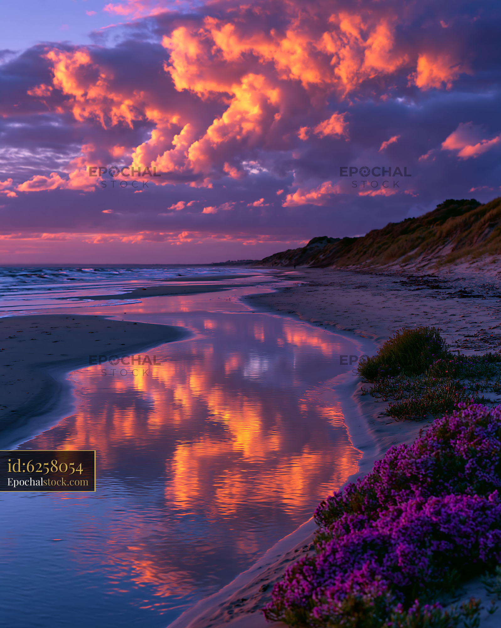 Watermarked full-resolution preview of Sunset over beach with clouds and flowers in foreground