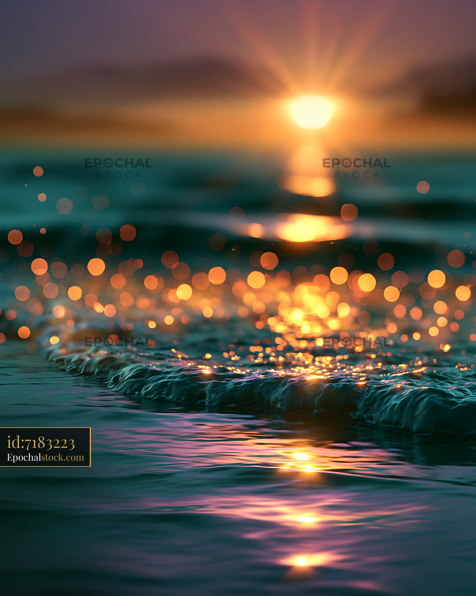 Watermarked full-resolution preview of Waves at sunset with sparkling reflections in the water