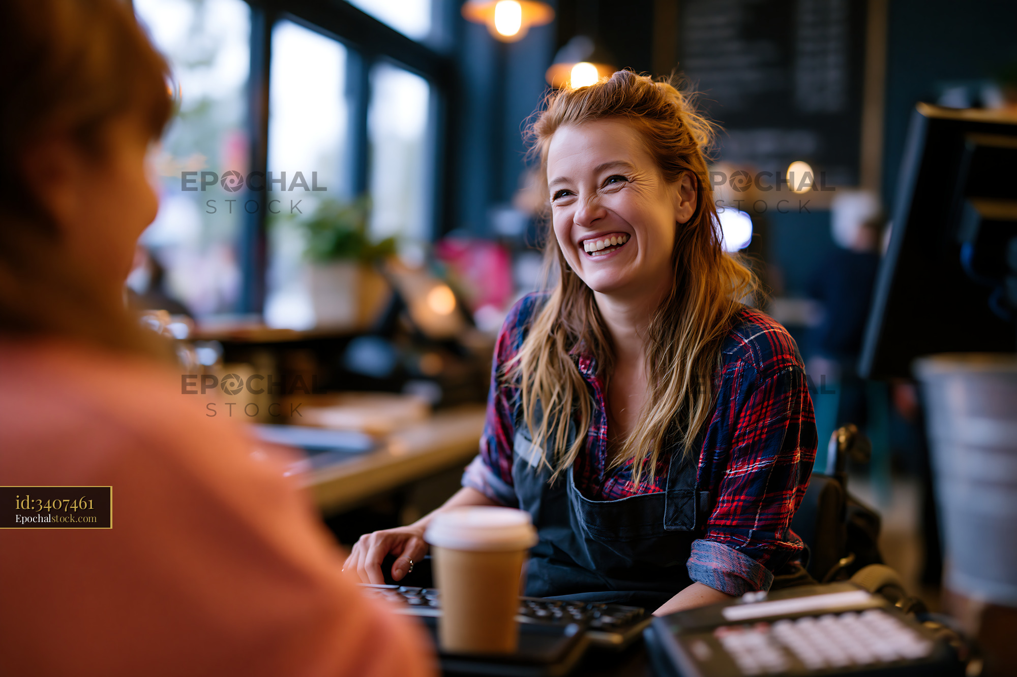 Watermarked full-resolution preview of Barista serving coffee in a busy cafe
