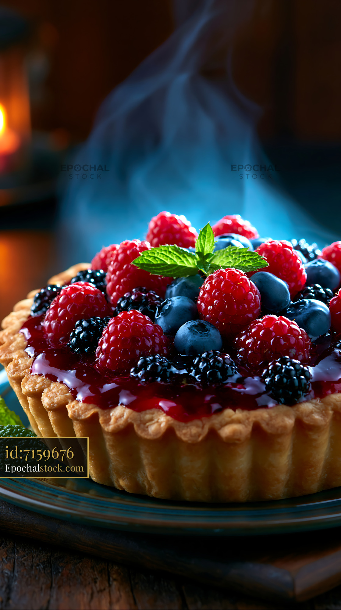 Watermarked full-resolution preview of Berry tart on a plate with smoke rising