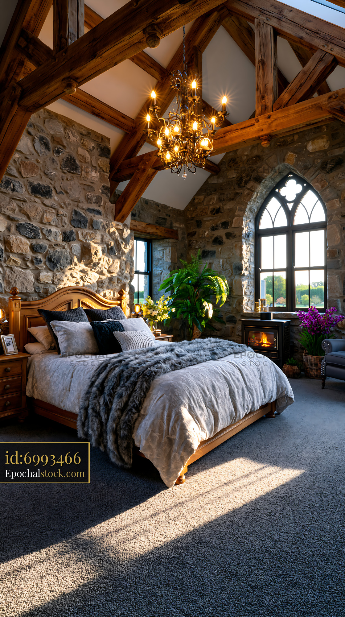 Watermarked full-resolution preview of Cozy bedroom with stone walls and wooden beams in a modern setting