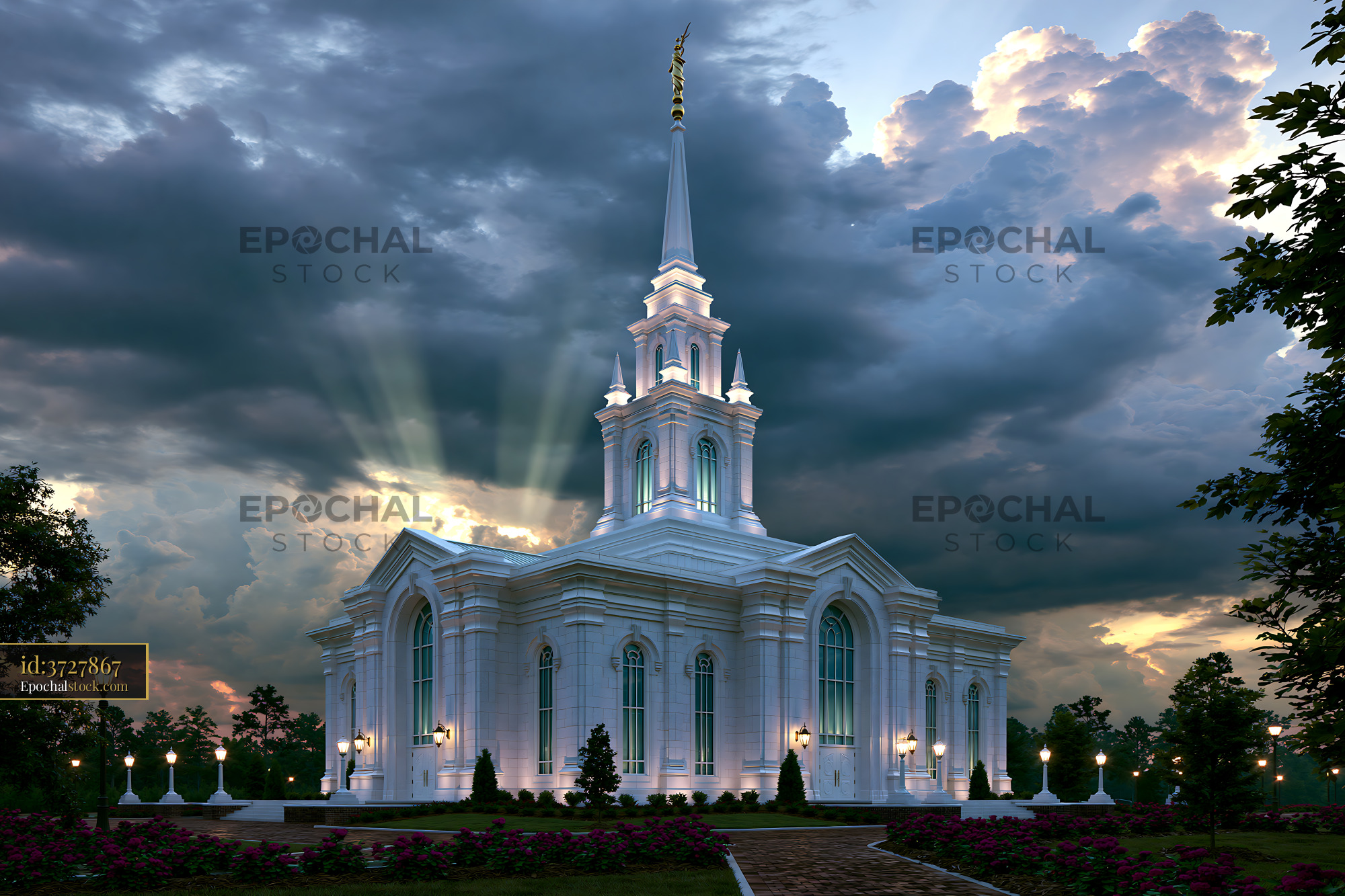 Watermarked full-resolution preview of Beautiful white church under dramatic sky at sunset