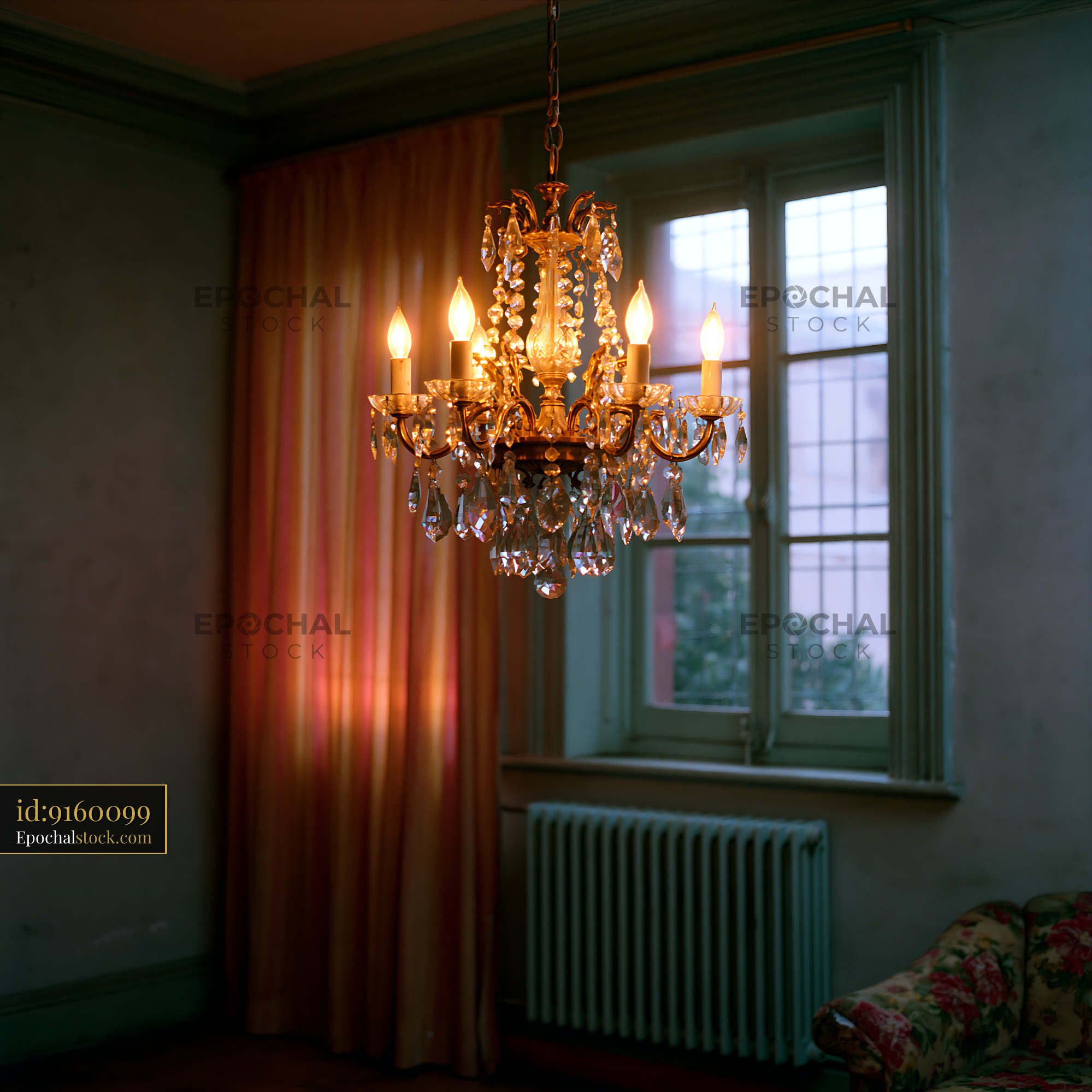 Watermarked full-resolution preview of Ornate illuminated chandelier in an atmospheric interior