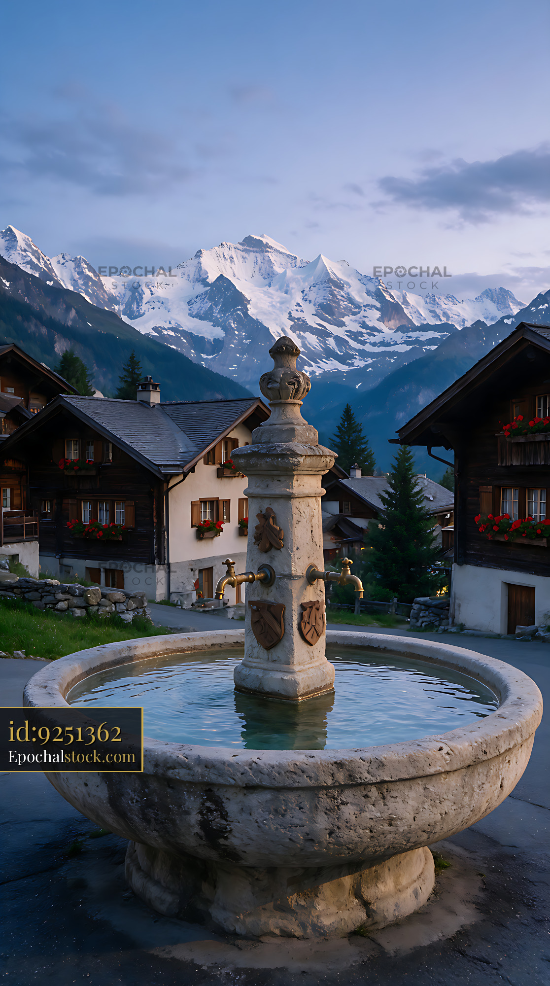 Watermarked full-resolution preview of Historic Swiss village fountain with alpine mountain backdrop
