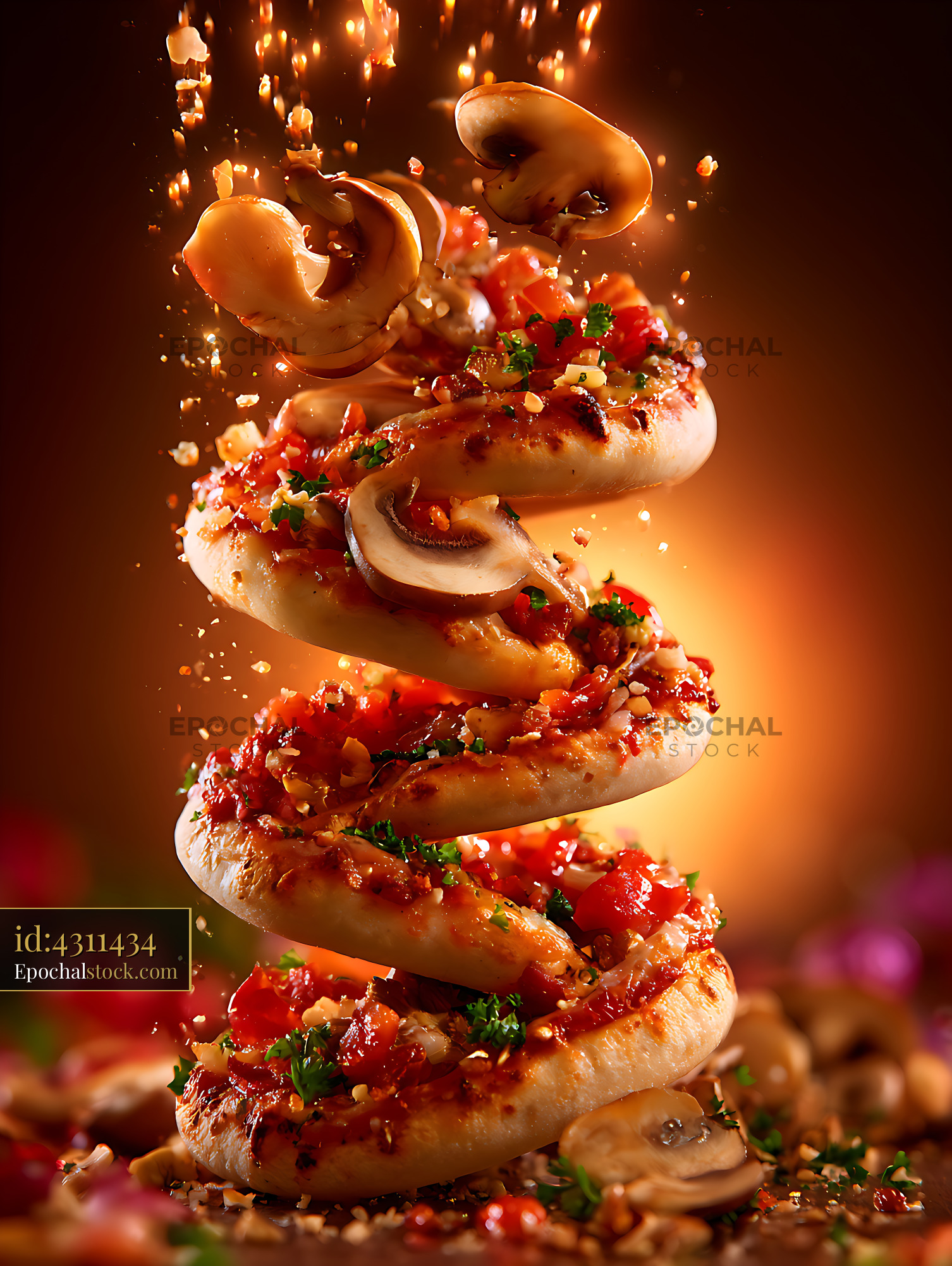Watermarked full-resolution preview of Layered spiral pastry topped with mushrooms and fresh vegetables