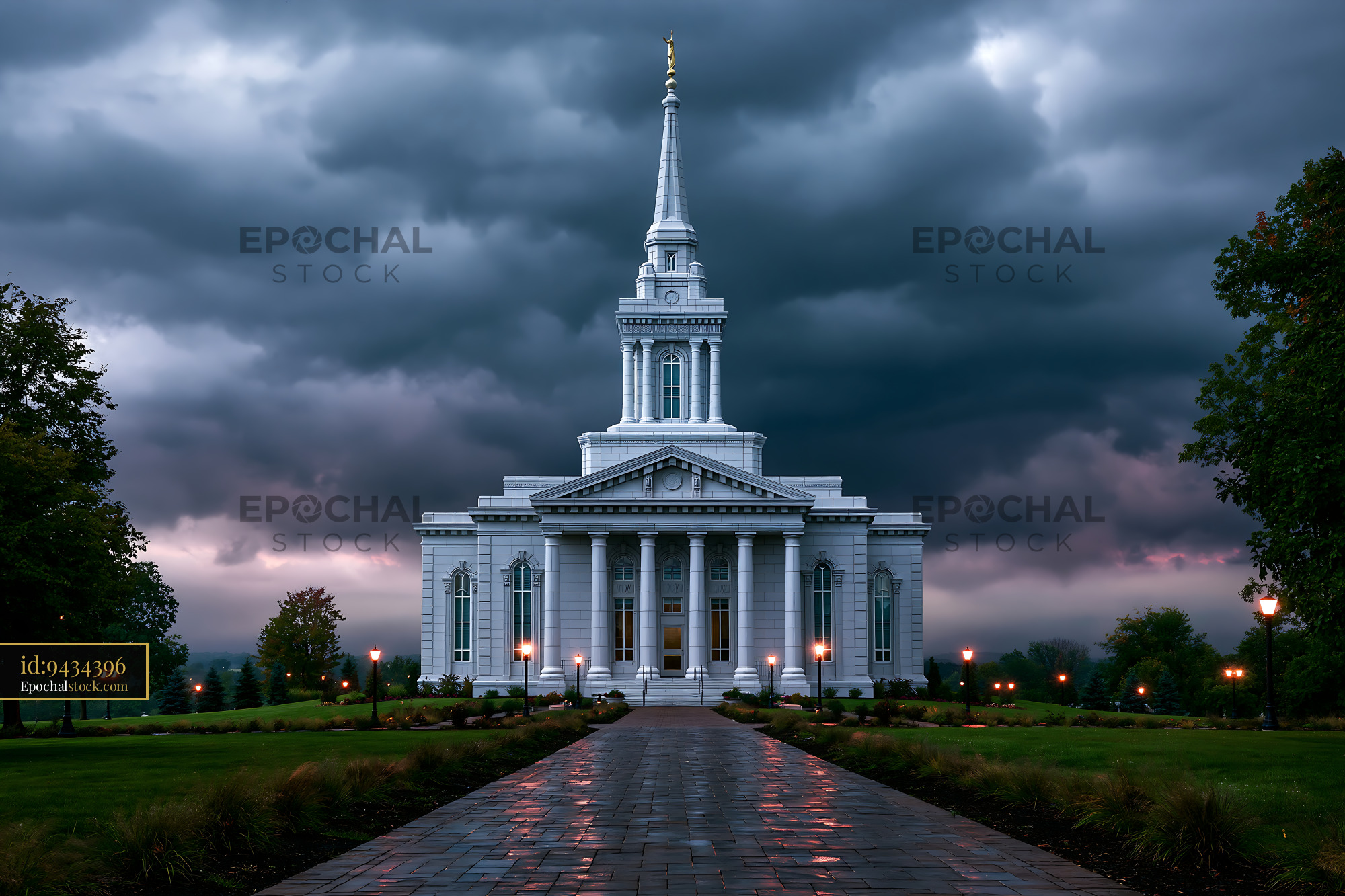 Watermarked full-resolution preview of White church building under dark clouds