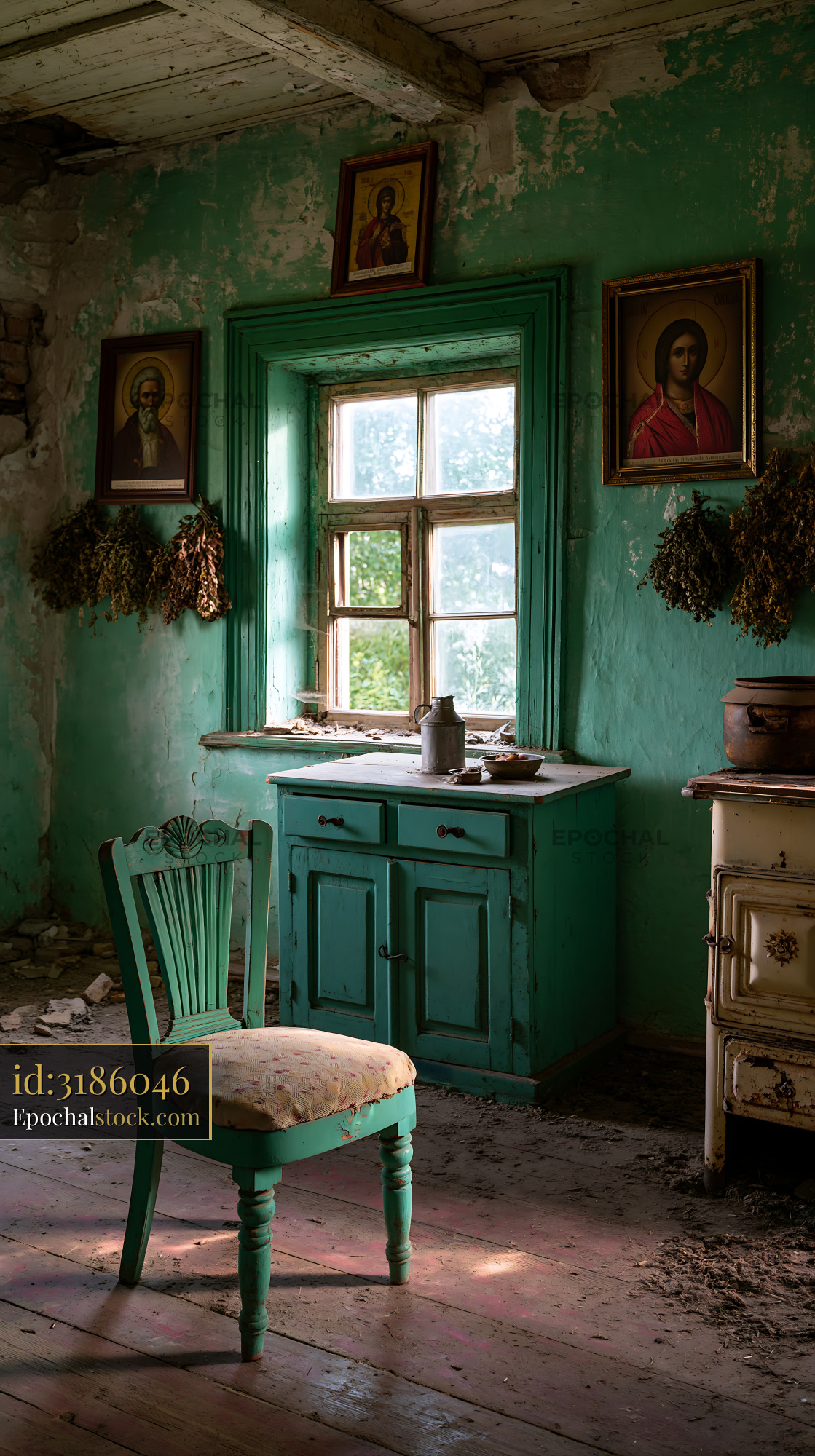Watermarked full-resolution preview of Old green room with chair and window in abandoned space