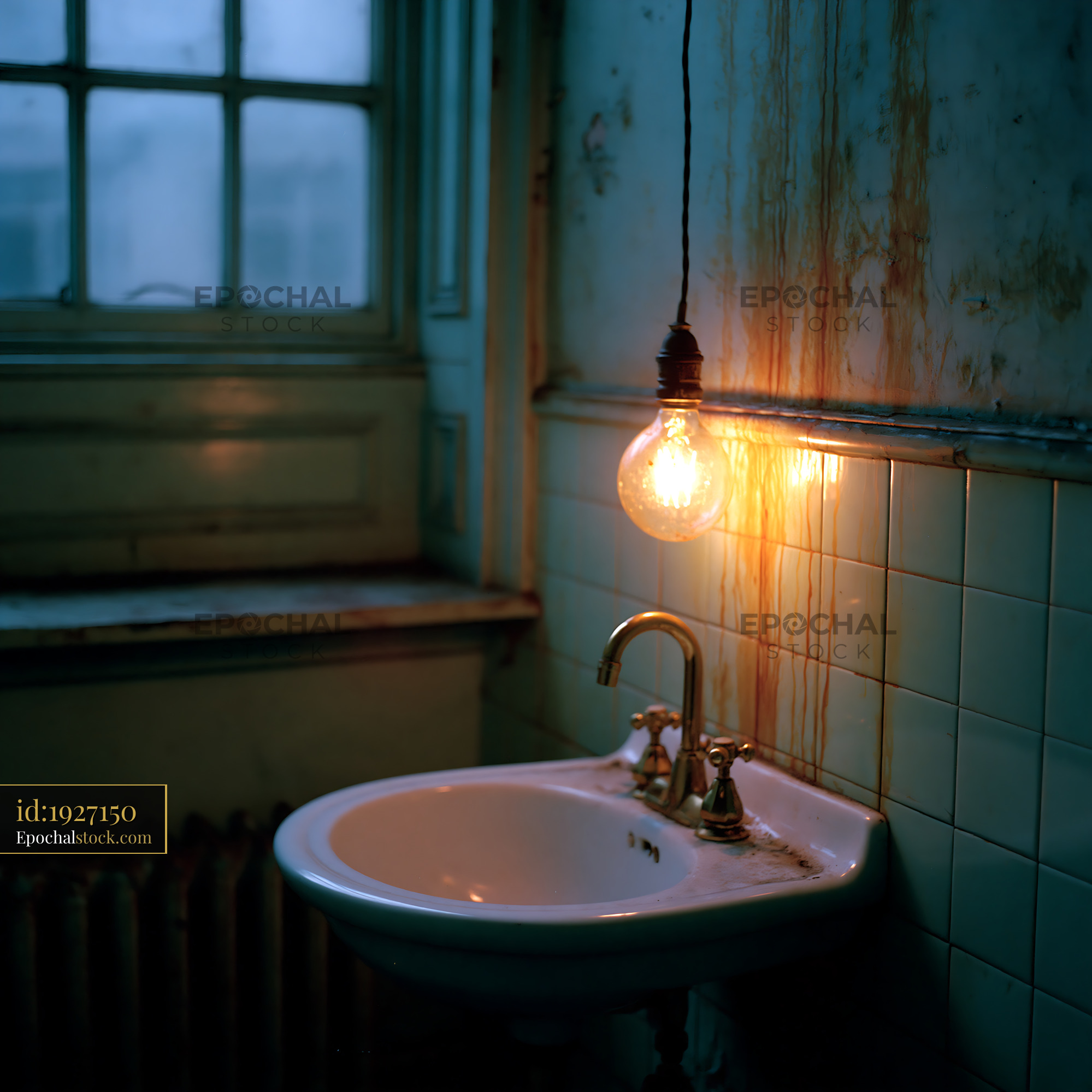 Watermarked full-resolution preview of Old bathroom with a sink and a hanging light bulb in low light