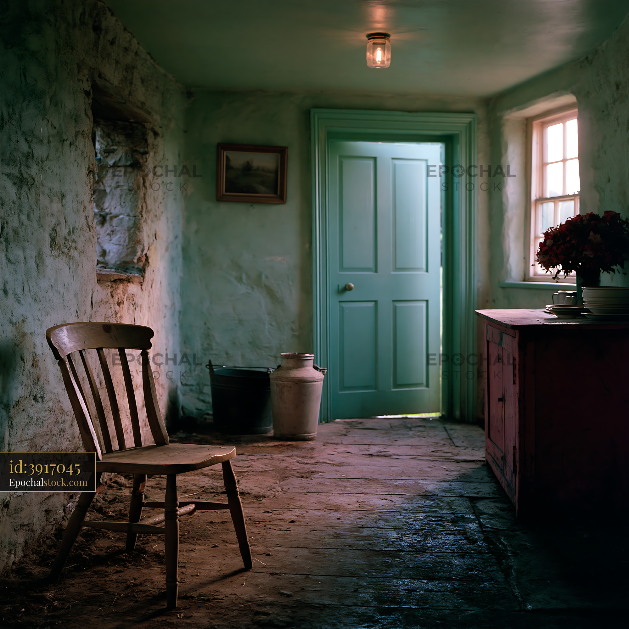 Watermarked full-resolution preview of Light entering a simple hallway with a wooden chair and plants