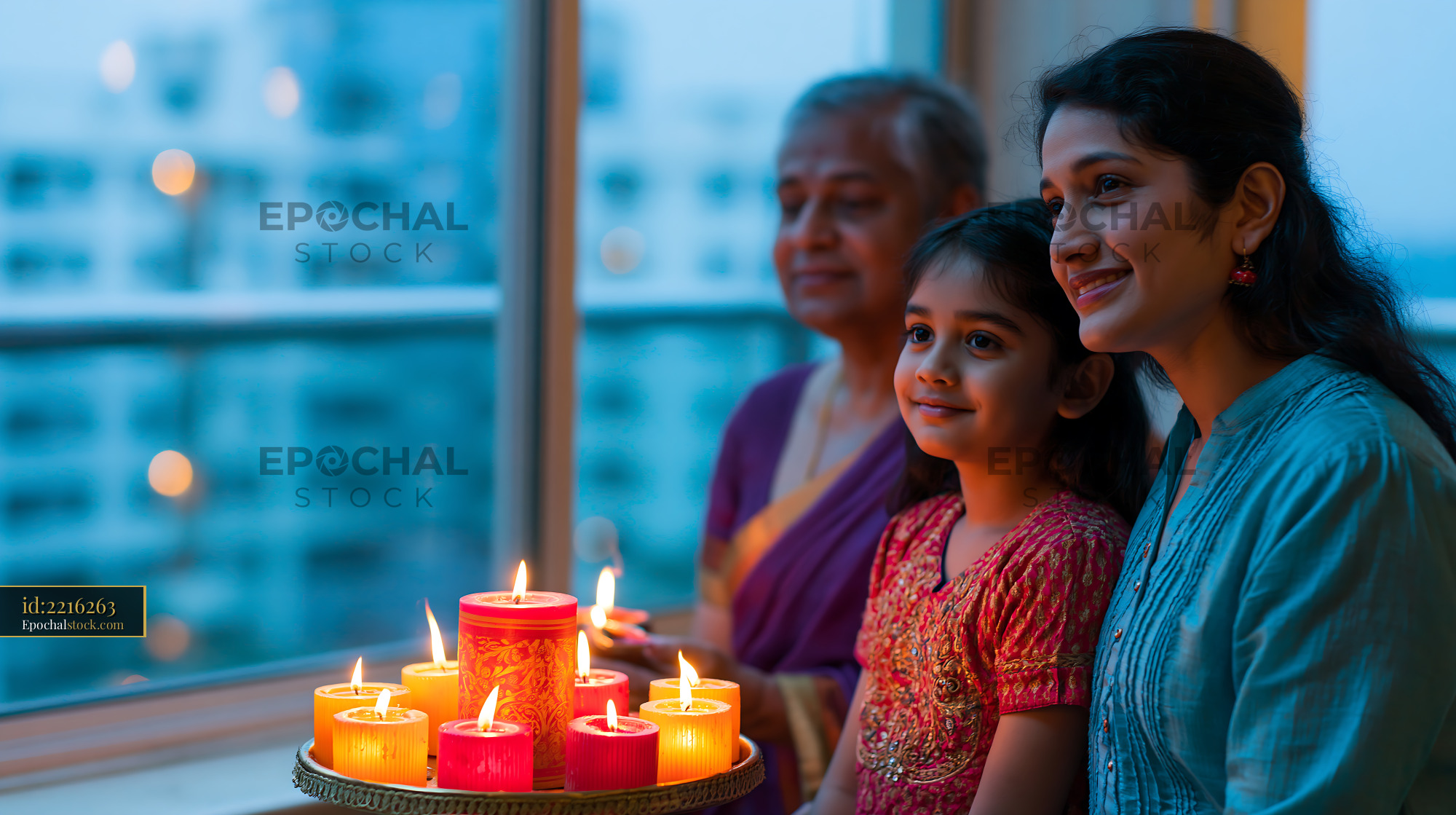 Watermarked full-resolution preview of Family celebrating with candles during a festive evening