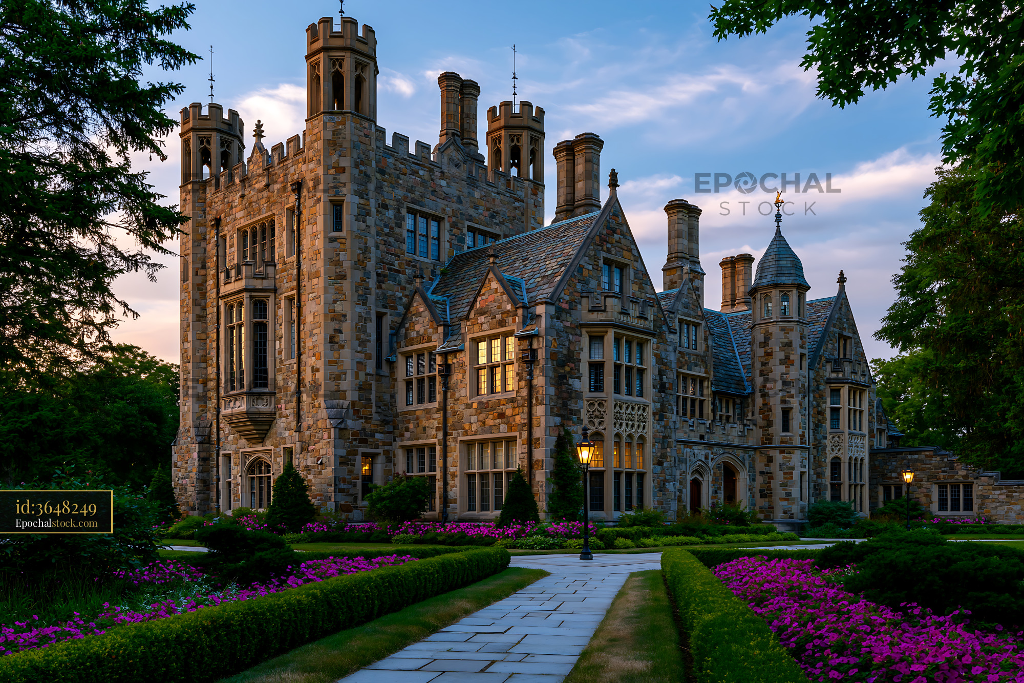 Watermarked full-resolution preview of Historic castle surrounded by gardens at sunset