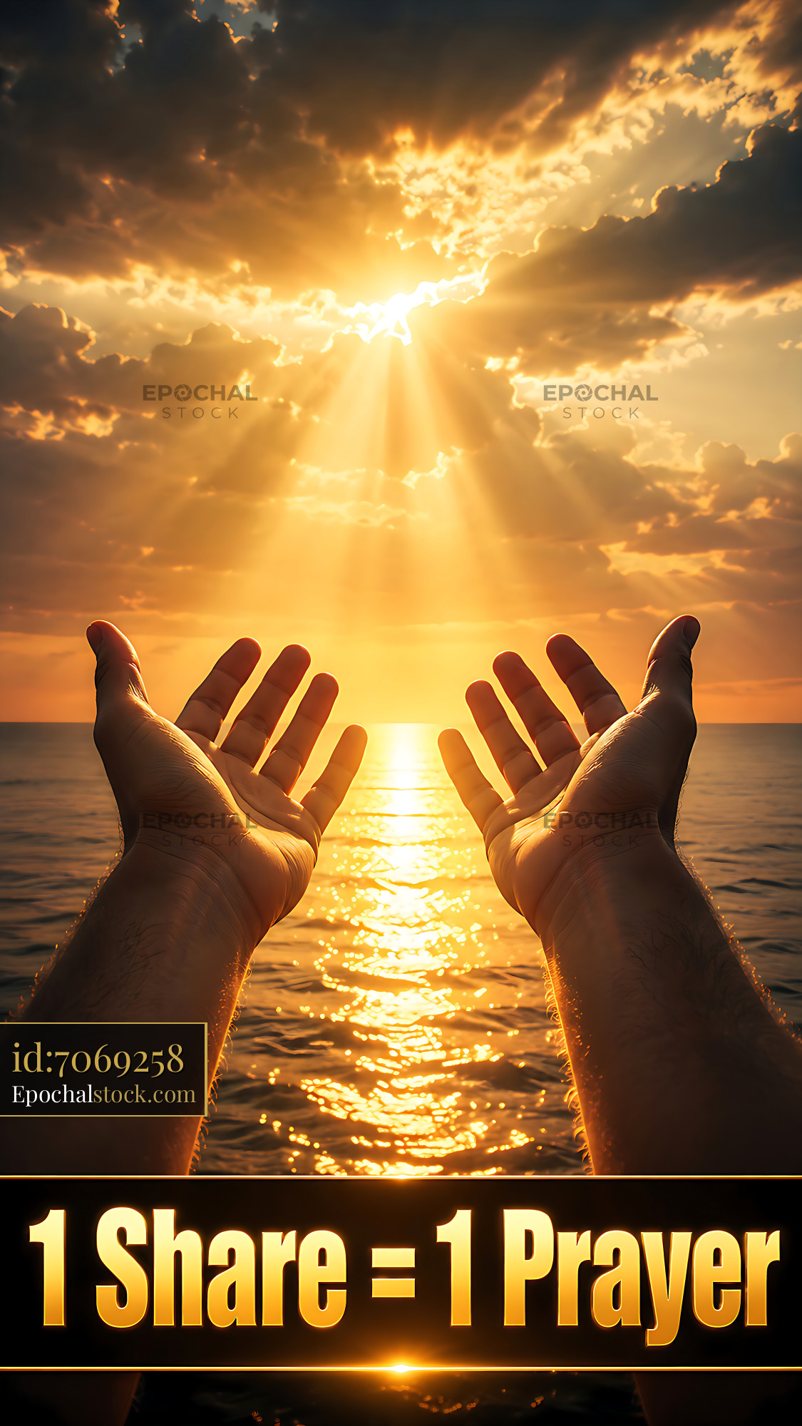 Watermarked full-resolution preview of Hands raised to the sky during sunset by the ocean