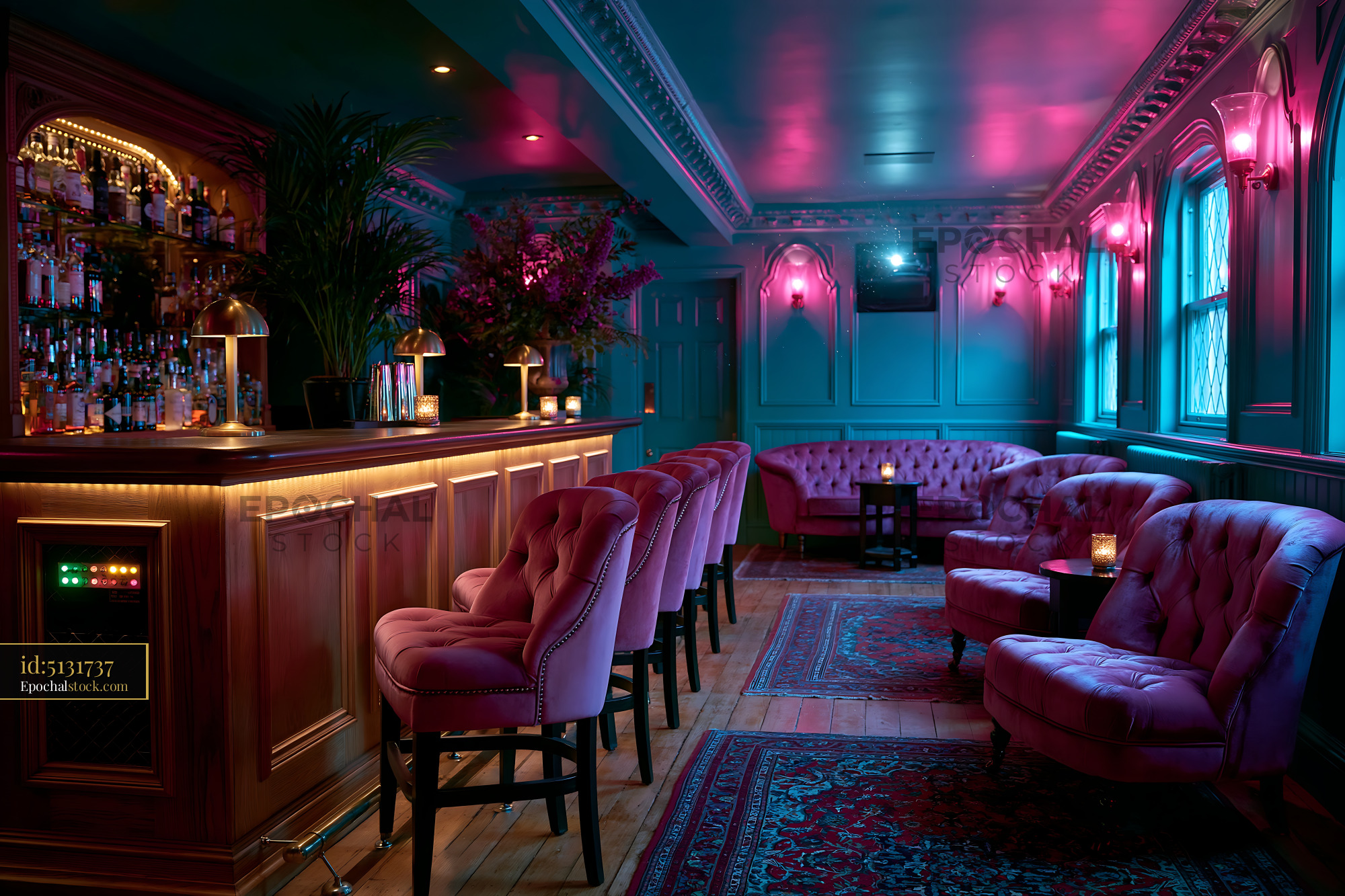 Watermarked full-resolution preview of Cozy bar scene with pink lighting and plush seating