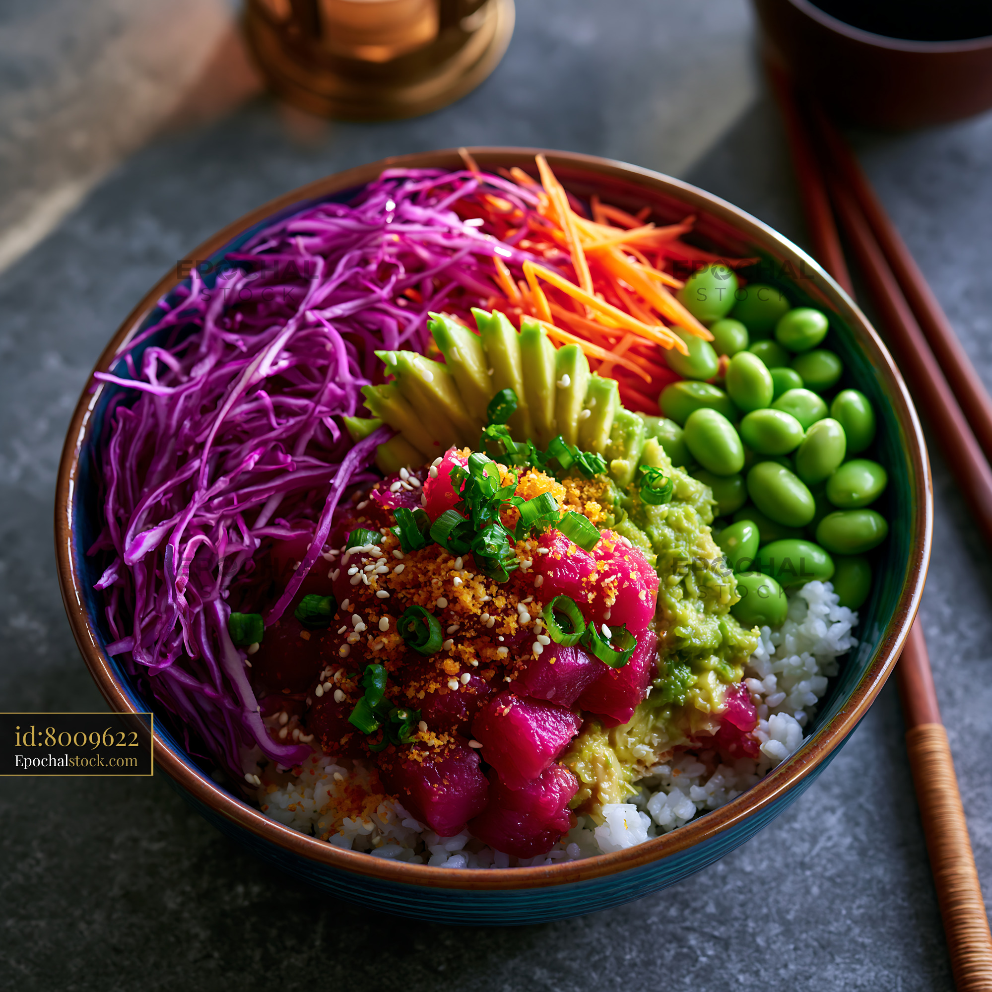 Watermarked full-resolution preview of Bright bowl of rice topped with fresh vegetables and seafood