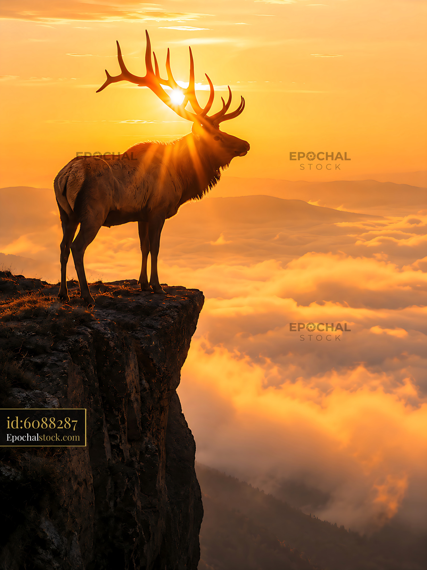 Watermarked full-resolution preview of Deer standing on cliff at sunset with clouds below