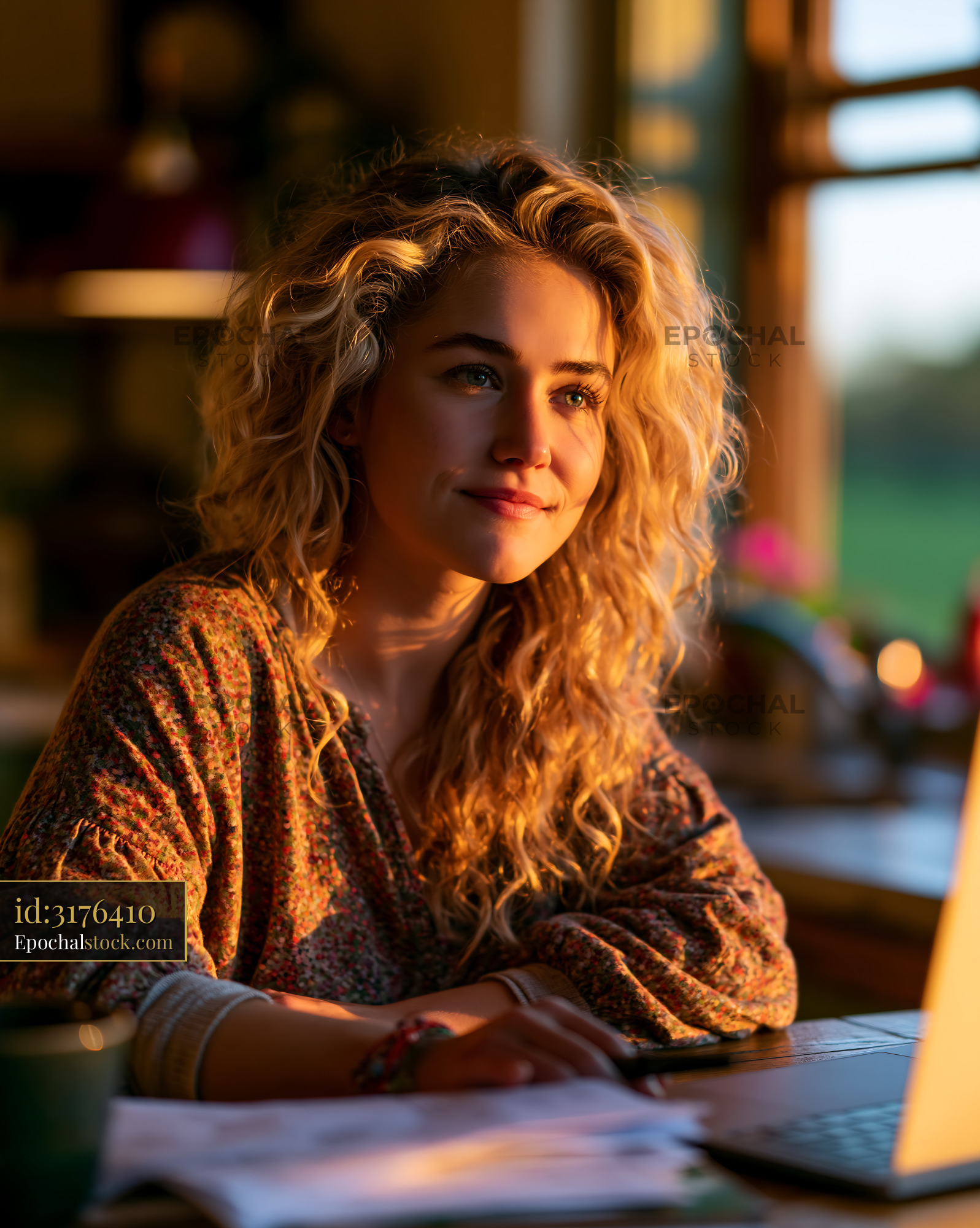 Watermarked full-resolution preview of Woman working at a table in sunlight with a laptop