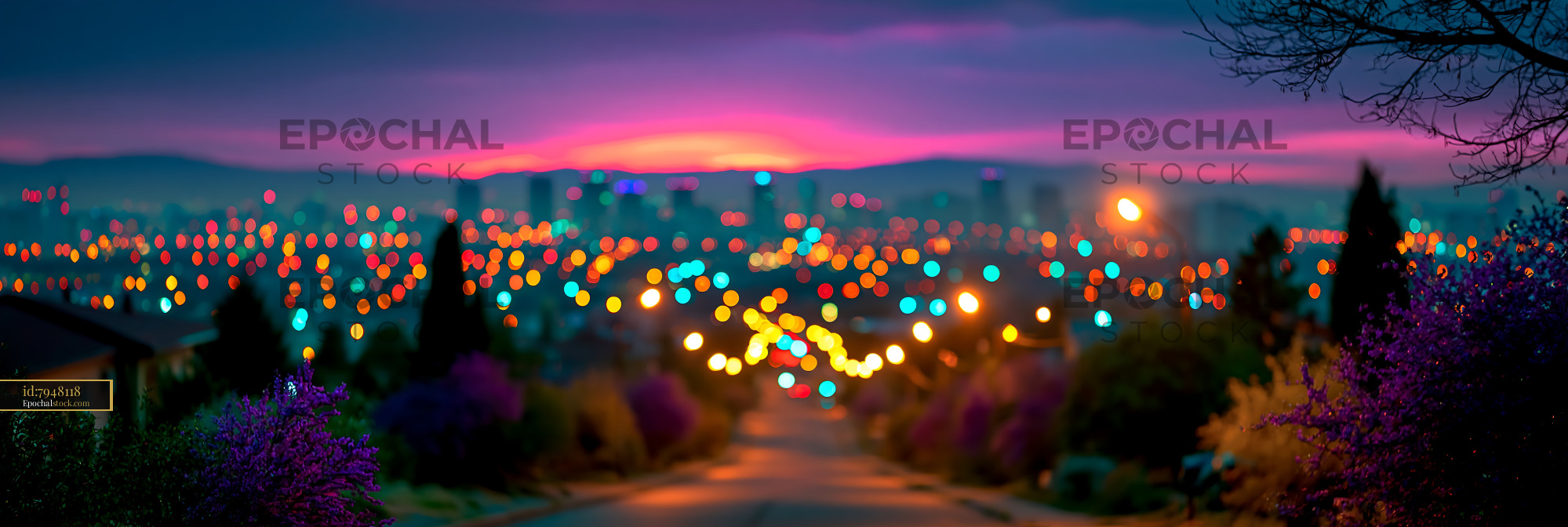 Watermarked full-resolution preview of City skyline at sunset with colorful lights and blooms