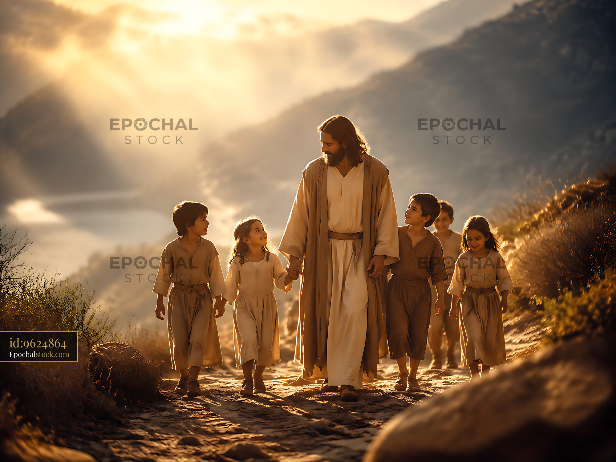 Jesus Walking With Children on a Hillside During Sunset - stock photo