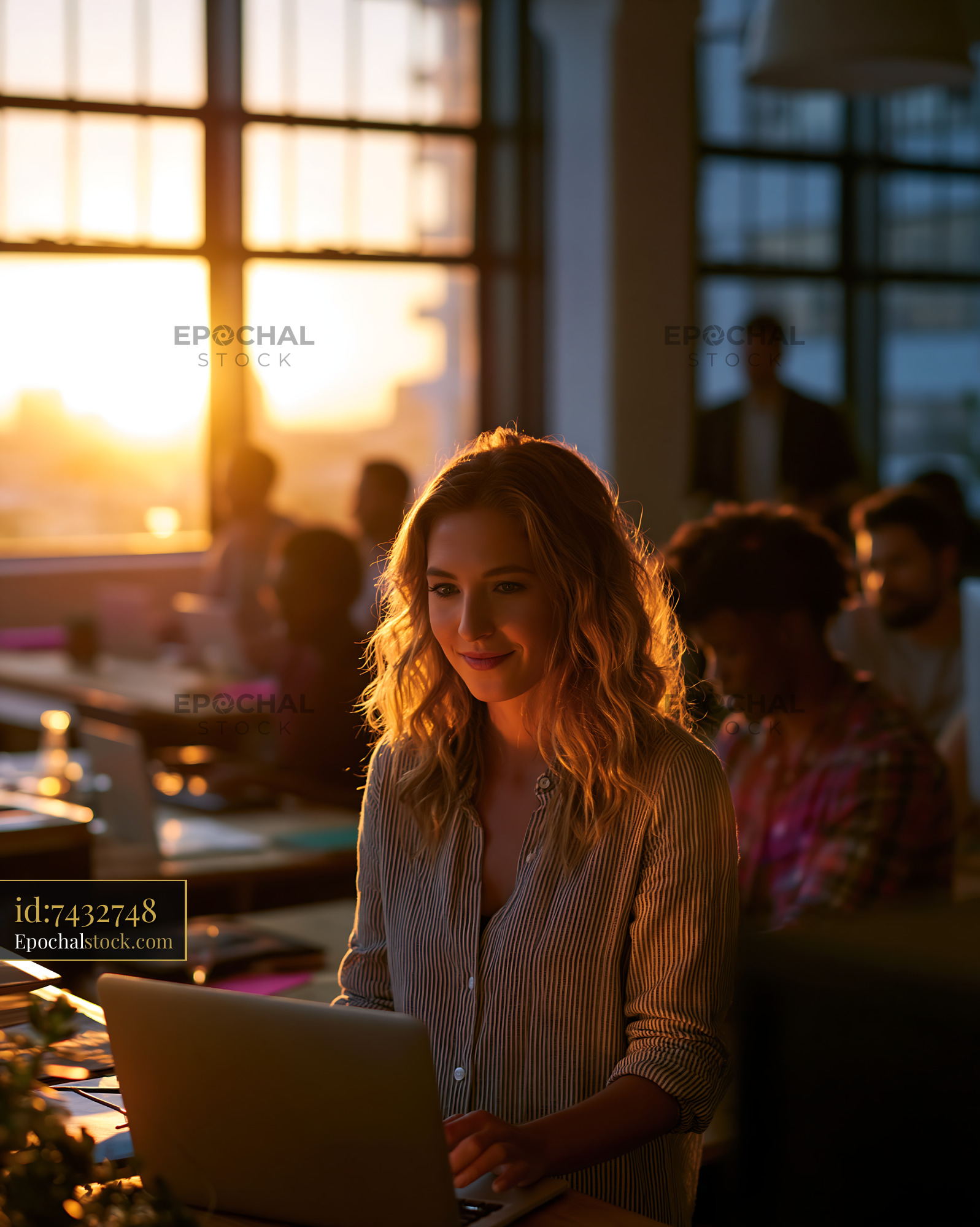 Watermarked full-resolution preview of Working at a laptop during sunset in a busy office environment