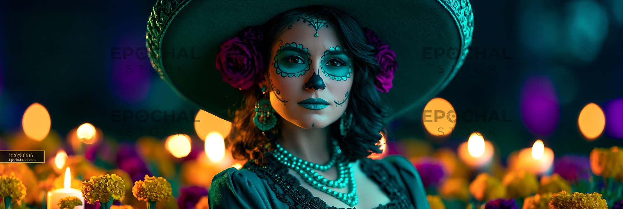 Watermarked full-resolution preview of Woman with sugar skull makeup and floral decorations in a celebration