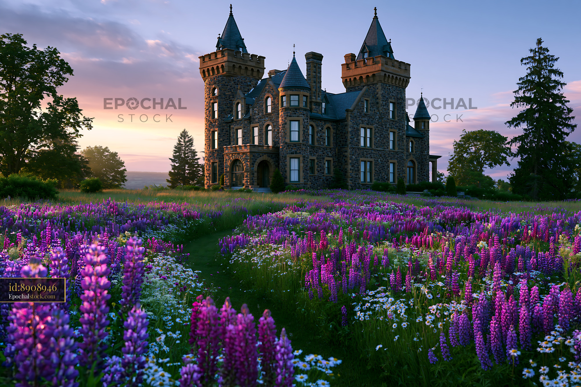 Watermarked full-resolution preview of Historic castle surrounded by colorful flower field during sunset