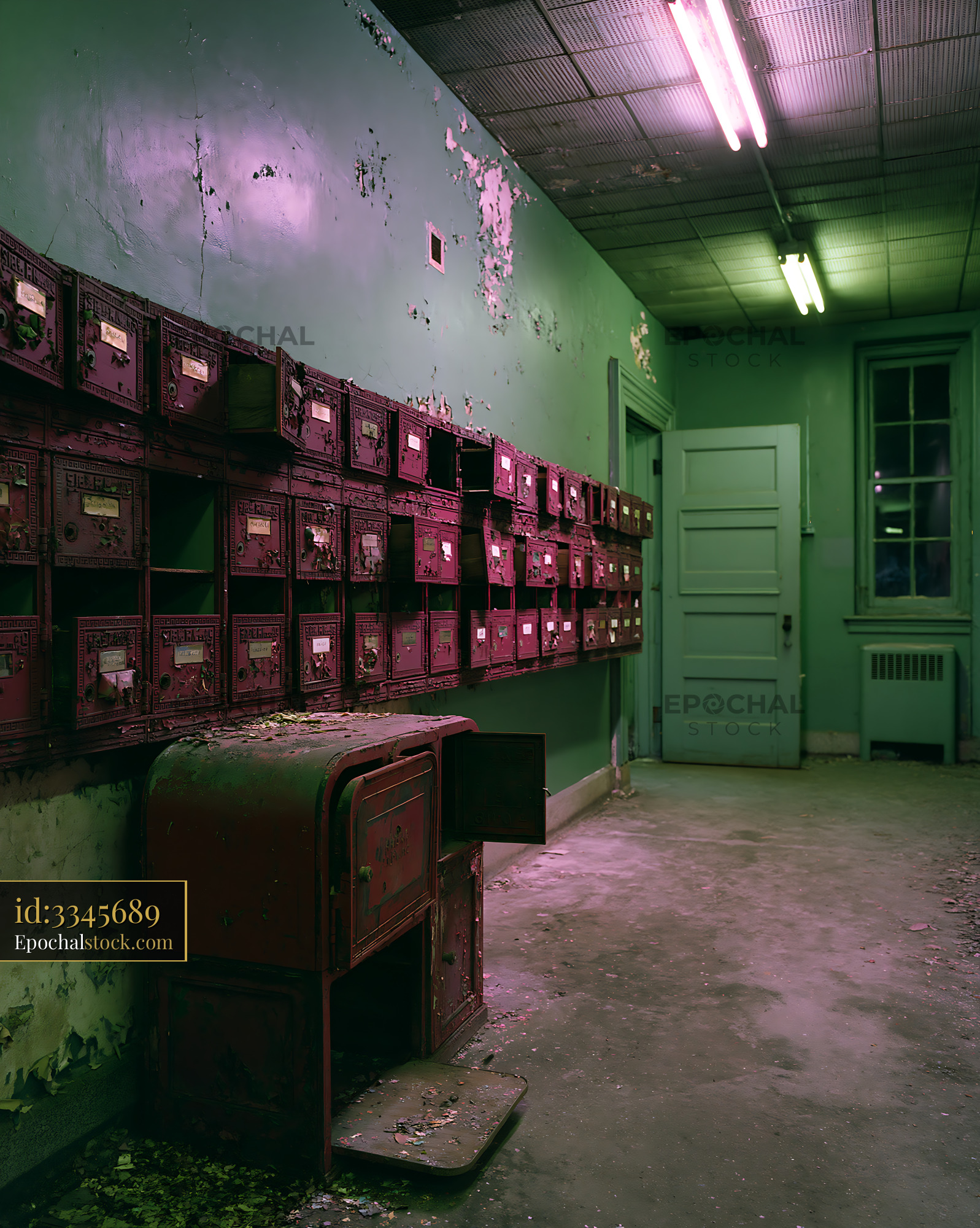 Watermarked full-resolution preview of Old mailboxes in a hallway of a vintage building