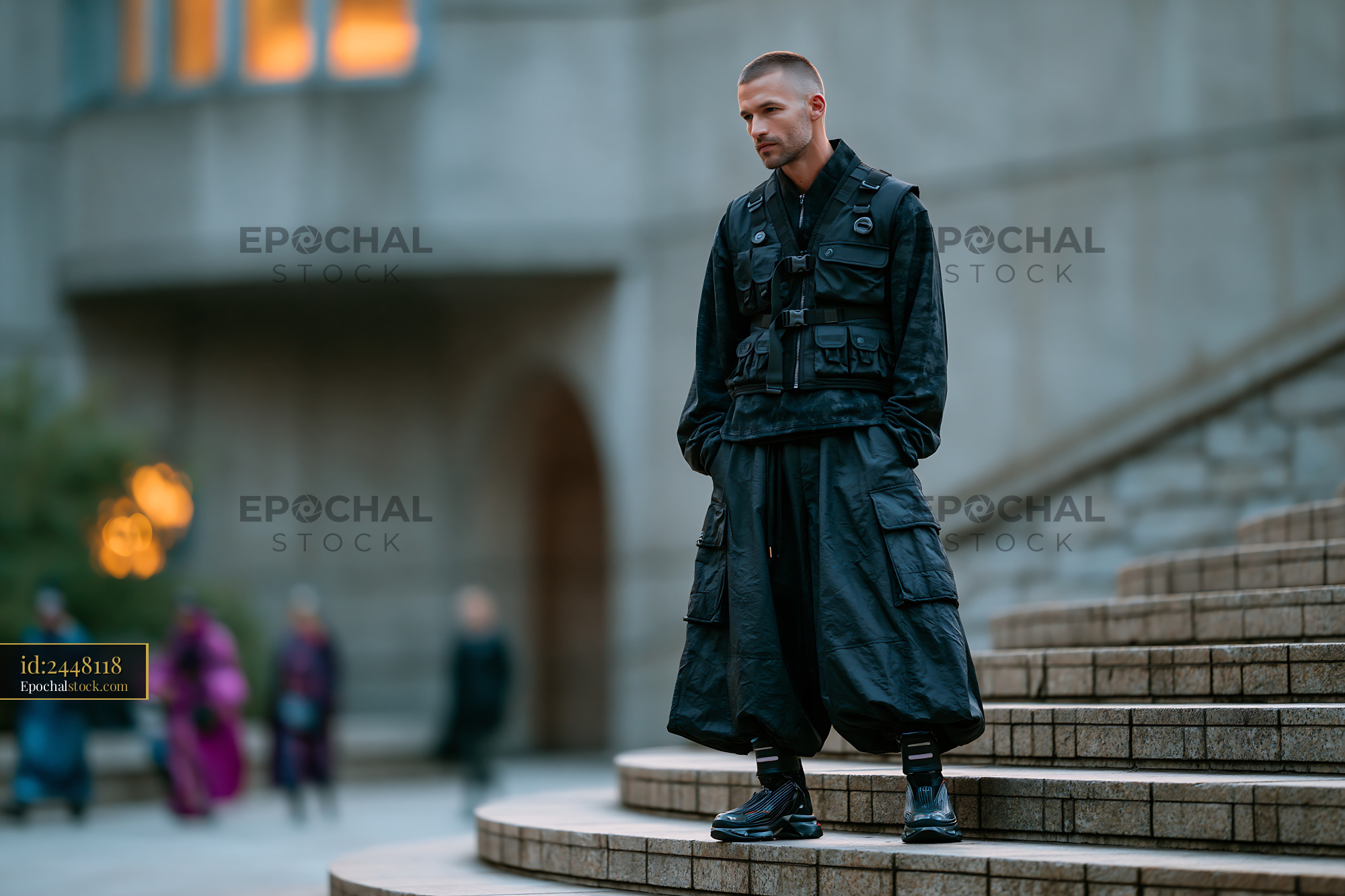 Watermarked full-resolution preview of Man in black clothing stands on steps in urban area during evening